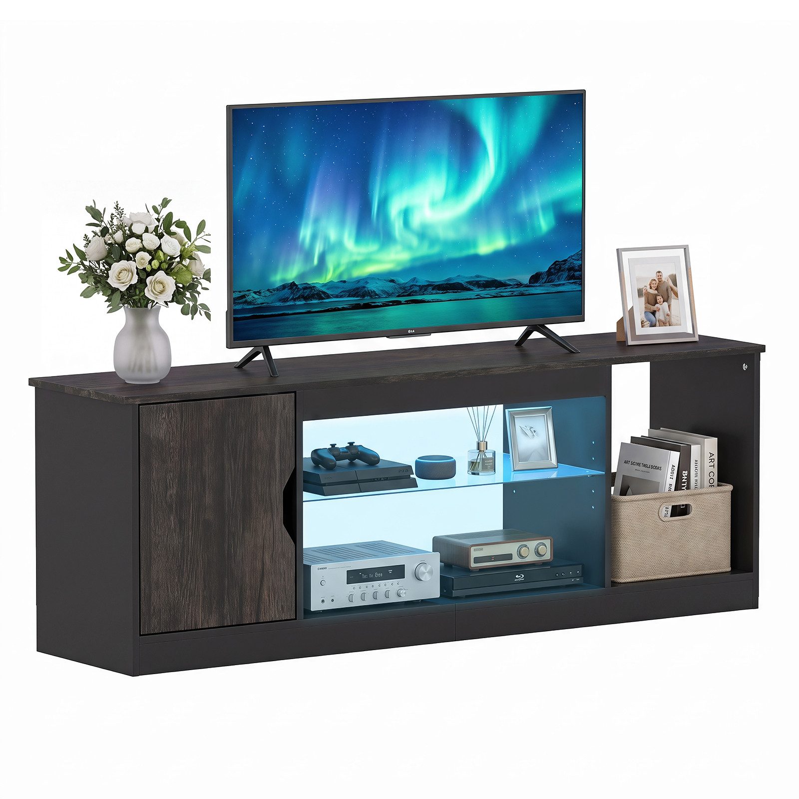 COSTWAY TV-Schrank in Wohnzimmer, mit LED Holz TV-Ständer mit verstellbarer Glasablage