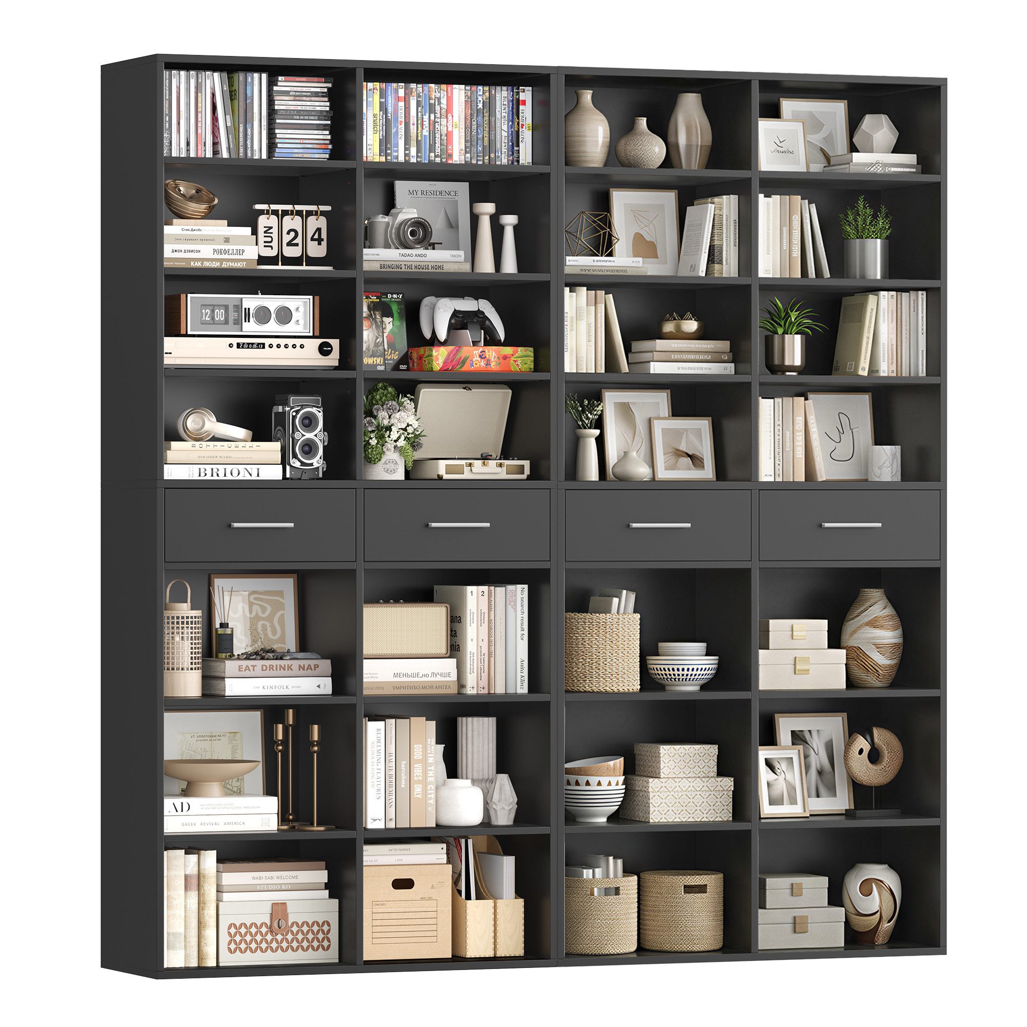 HOMECHO Bücherregal, 185,5 cm hoch Standregal mit 8 Ebenen und 2 Schubladen