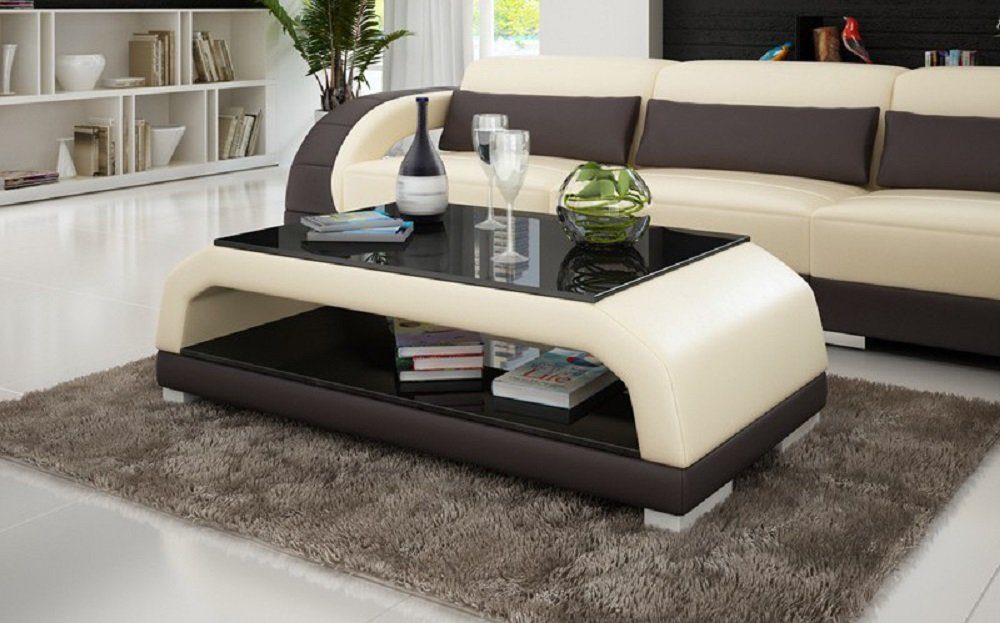 Tische Couchtisch JVmoebel Couchtisch Design Couch Beistell Tisch Beige/Braun Leder Glastisch Sofa