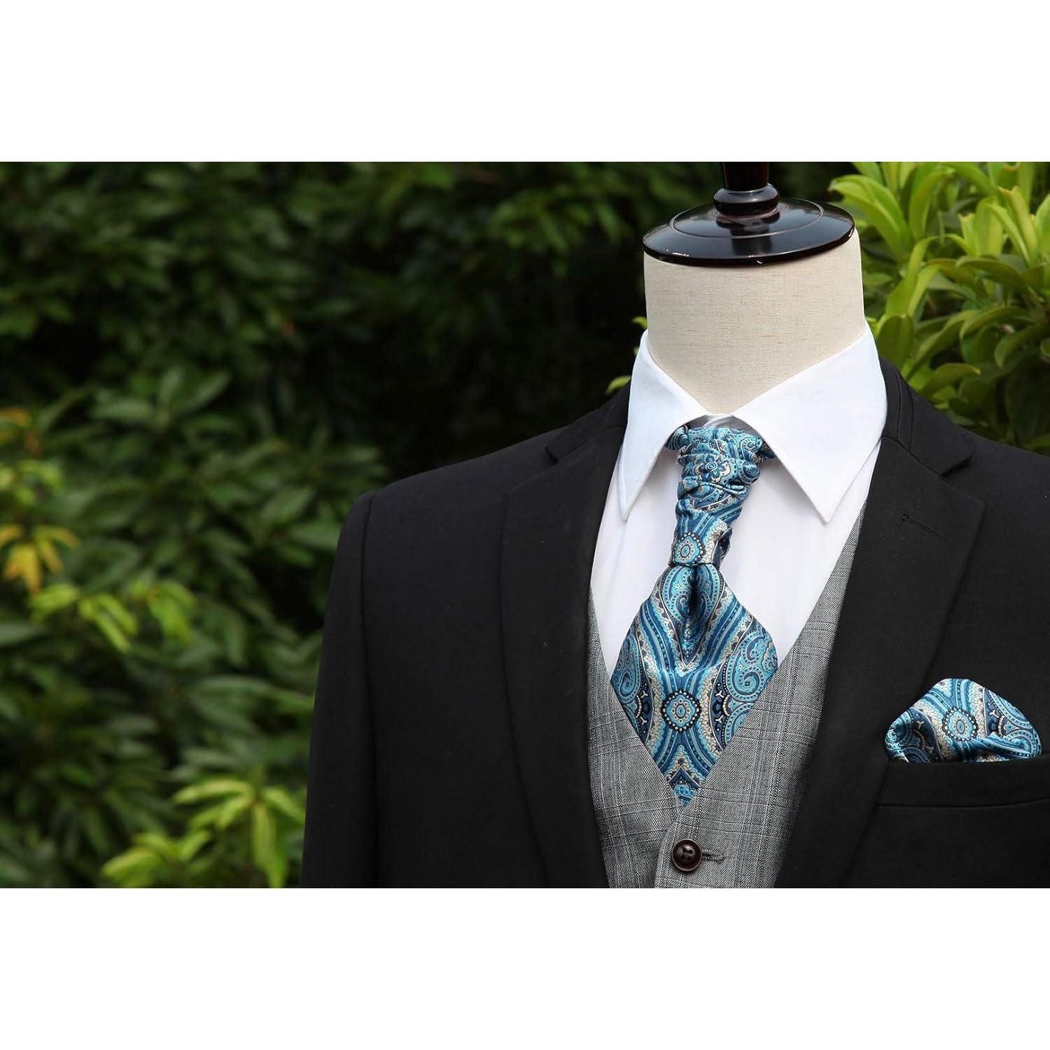 LuxusKollektion Krawatte Ascot Halstuch Einstecktuch Herren Paisley Blau Beige Einheitsgröße