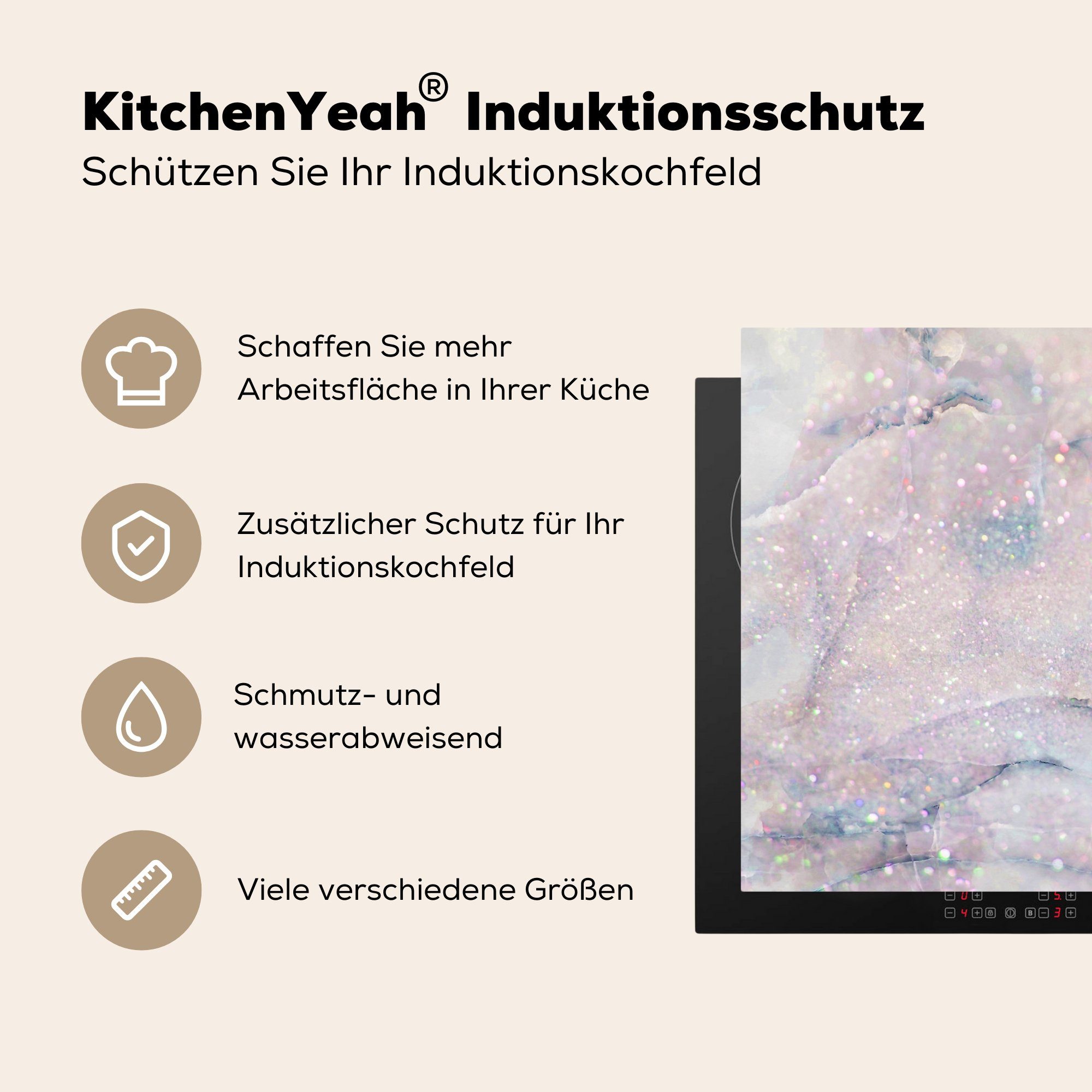 Vinyl, Arbeitsplatte Marmor Herdblende-/Abdeckplatte tlg), Ceranfeldabdeckung, Adern, für Glitzer küche - cm, (1 78x78 - MuchoWow