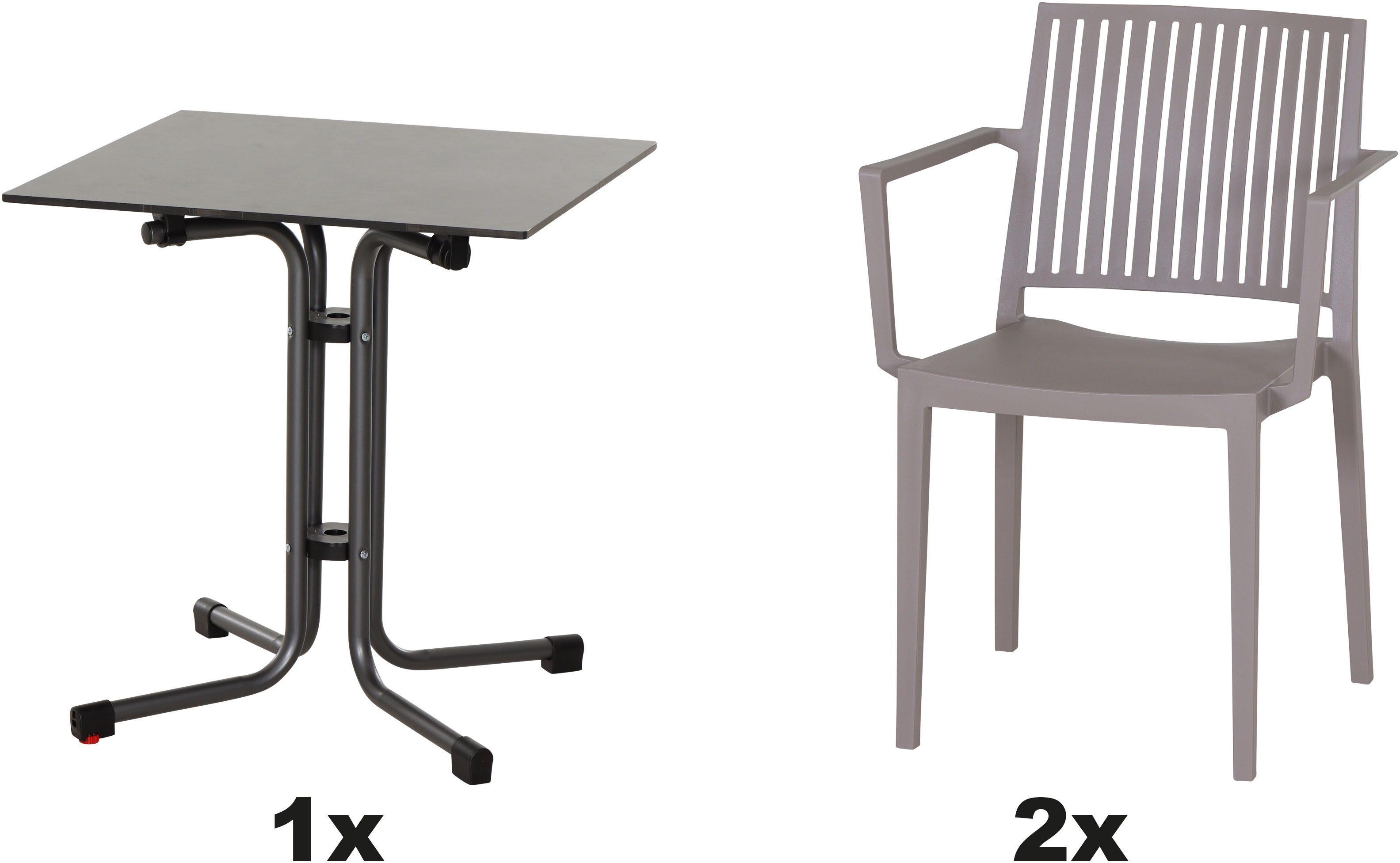 Siena Garden Gartensessel Lane Sessel taupe 2er Set mit Tisch (Set, 2-St), 2 x Stapelsessel + Tisch Sola 65 x 65 cm