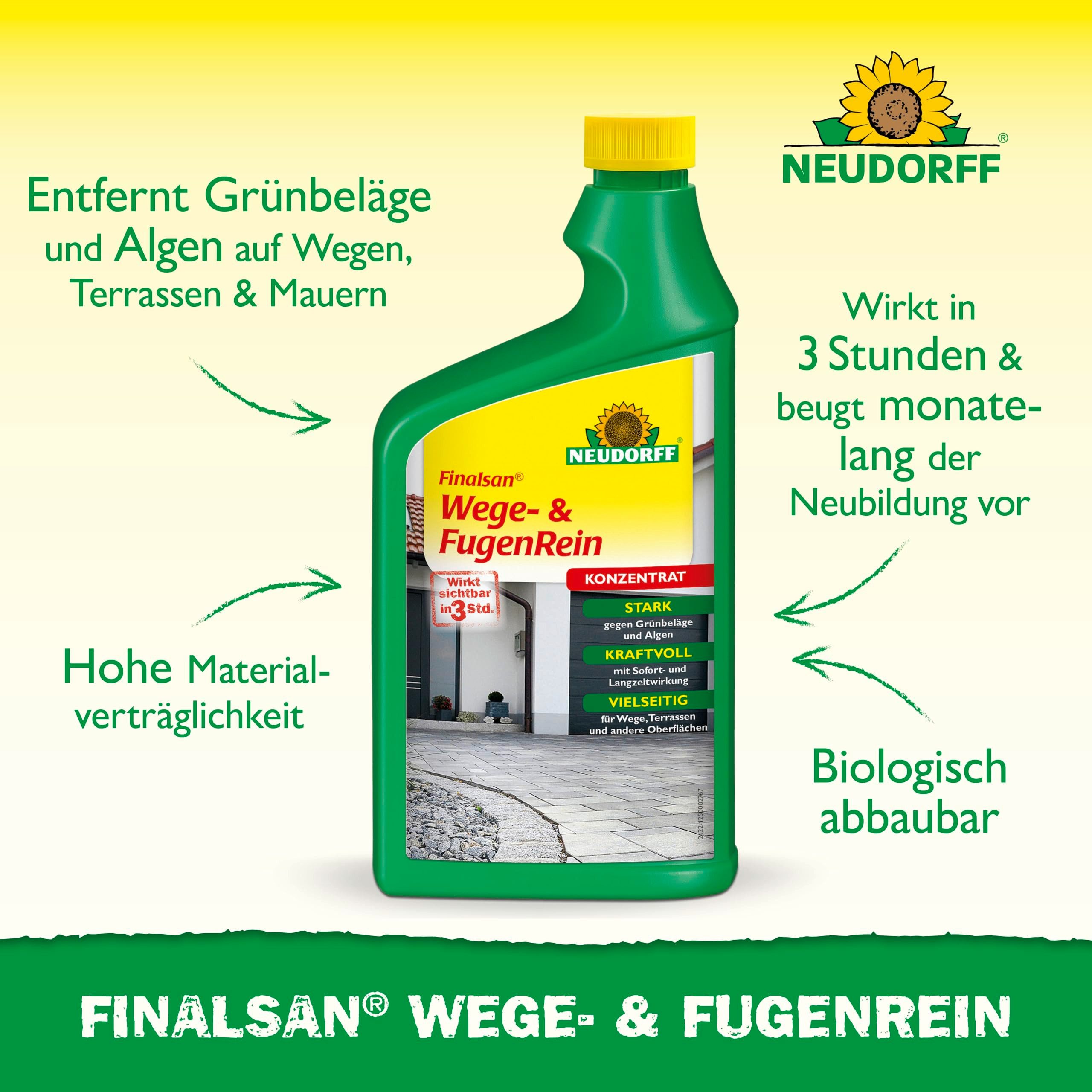 Neudorff Unkrautbekämpfungsmittel Finalsan Wege- und FugenRein 1 Liter, gegen Grünbelag auf Wegen, Terrassen und Mauerwerk, Gebrauchsfertiger Grünbelagentferner entfernt Grünbelag und Algen, wirksam in 3 Stunden und monatelang