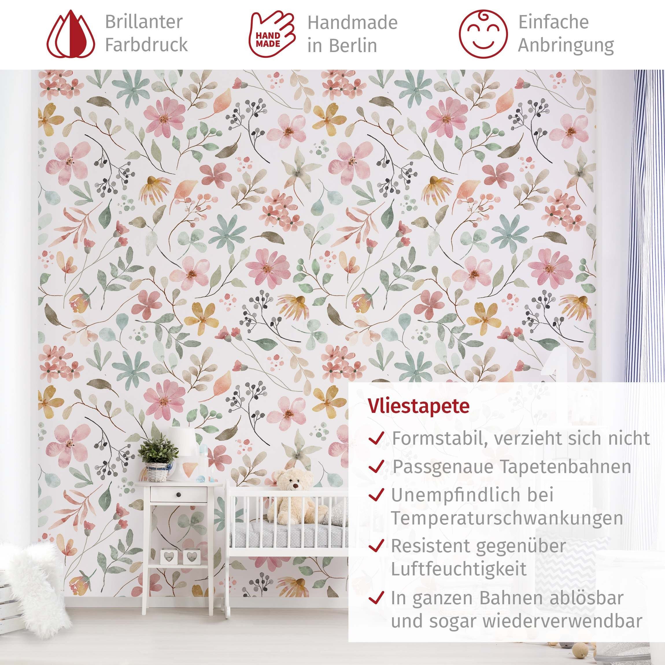 Bilderdepot24 Mustertapete Blumen Muster Aquarell Floral Illustration pastell moderne Wanddeko, Glatt, Matt, (Vliestapete inkl. Kleister oder selbstklebend), Wohnzimmer Schlafzimmer Küche Flur Motivtapete Vliestapete Wandtapete