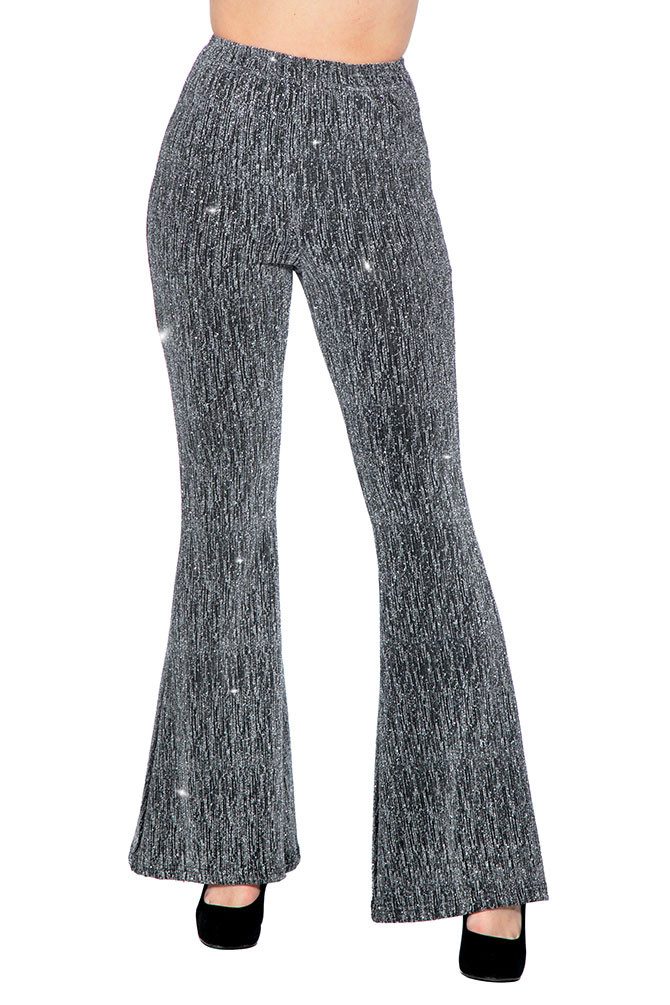 Karneval-Klamotten Kostüm Disco Damen Party Glitzer Schlaghose silber luxus, Party Hose elegant auffällig für Motto Party Feier Silvester Karneval