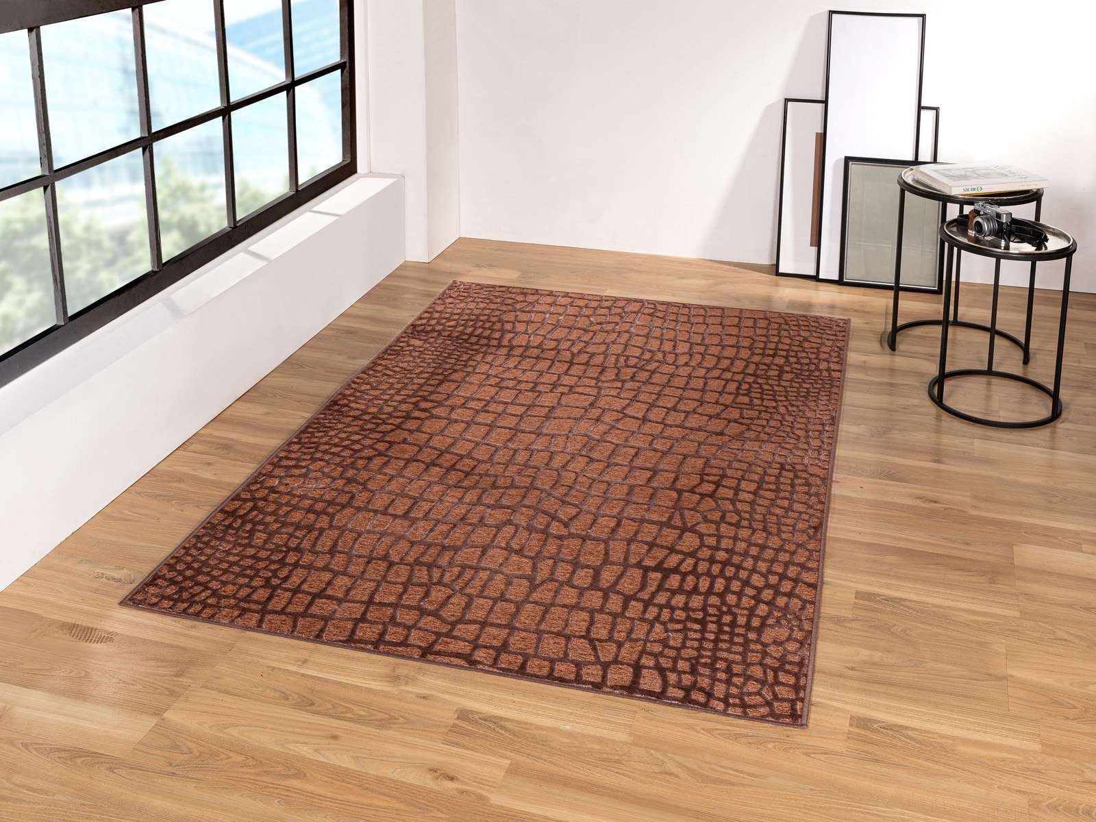 glänzender mm, 9 braun Snake, Teppich Höhe: Teppich 938512 Wohnzimmer 100x140 BOHO rechteckig, Vintage Edlel Genoa Schlafzimmer Flachflorteppich Esszimmer TaraCarpet,