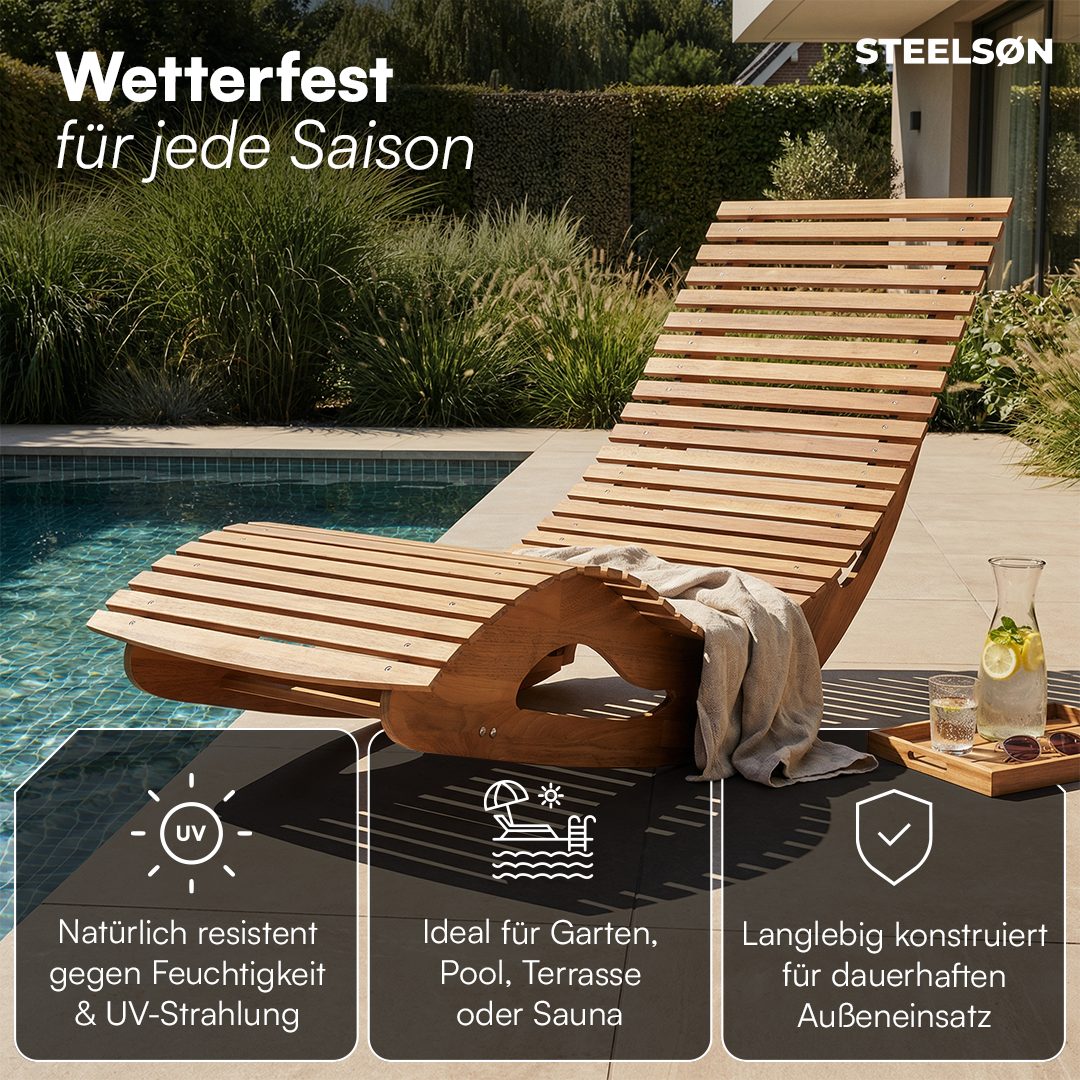 STEELSØN Gartenliege Solaria aus Akazienholz, 1 St., natur geölt, Massivholz, wetterfest, 155x60x64 cm, faltbar, bis 150 kg