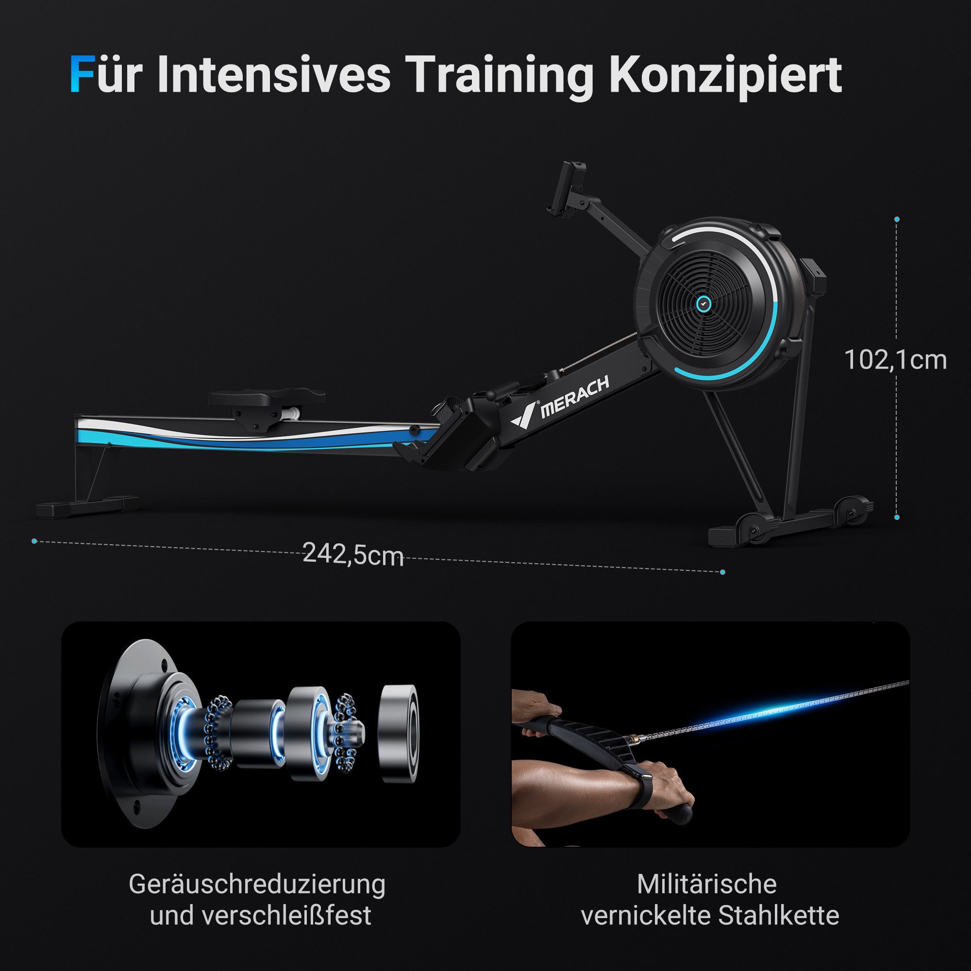 MERACH Rudergerät Luftwiderstand für Zuhause, Professional Indoor-Rudergerät (Klappbares Rudergerät mit Bluetooth LCD-Display, Ergonomischer Komfortsitz, Verstellbarem Tablethalter), für Heim-Fitnessstudio und Cardio-Training, 158KG Belastung