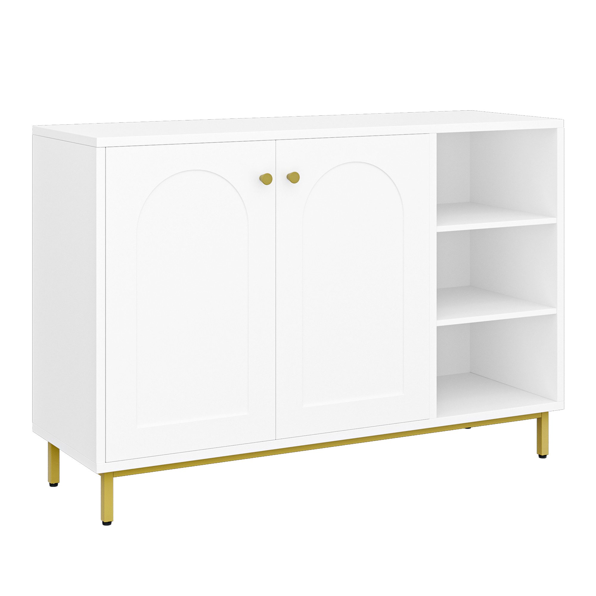 HZUANERI Badkommode Badezimmerschrank, Waschtischunterschrank, Küchenschrank, mit 3 offenem Fach, 2 Türen, verstellbarem Regal, Weiß