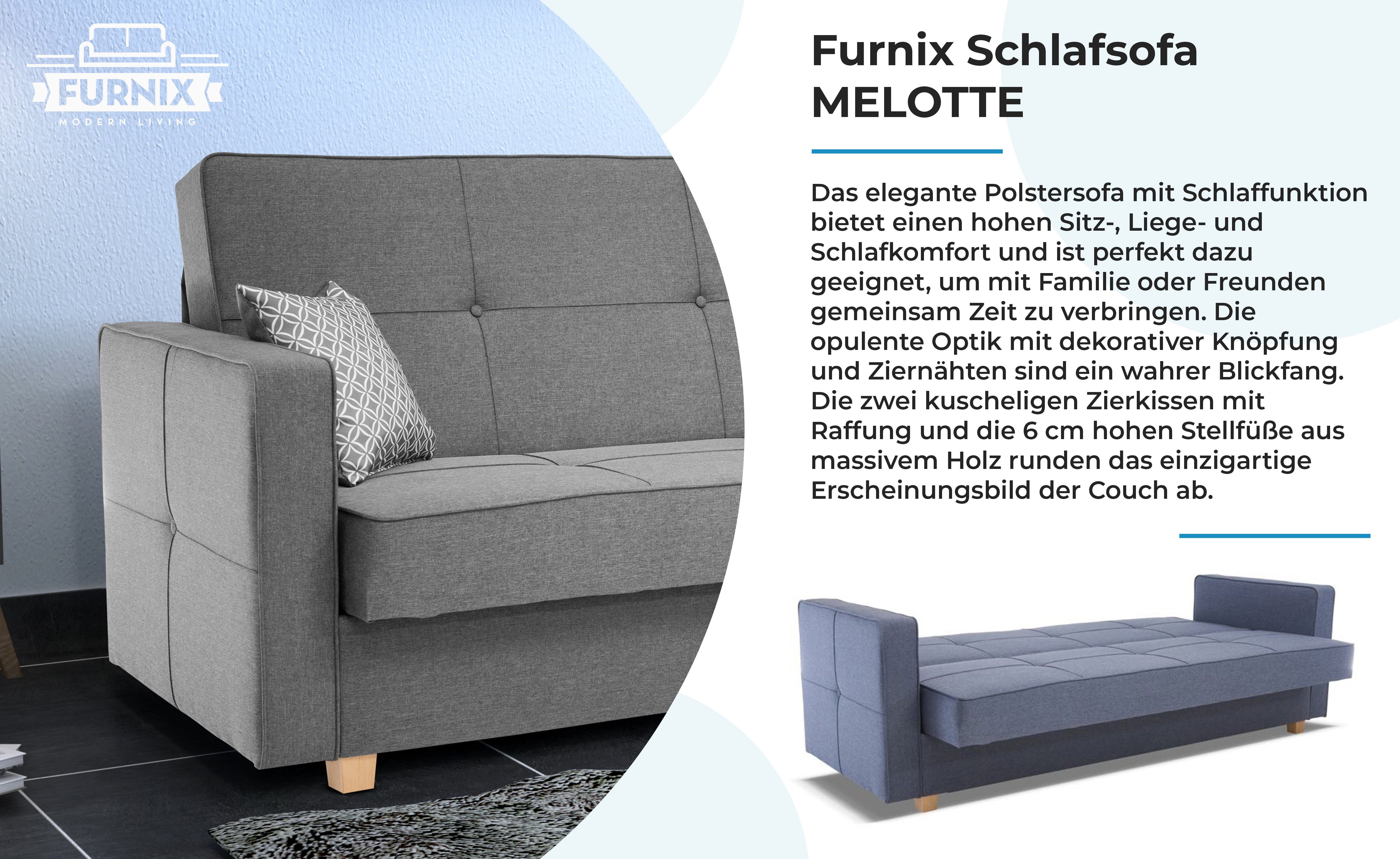 Schlafsofa in Furnix H95 x Bettkasten, LX32 T95 Schlaffunktion EU B216 x cm, MELOTTE Made mit Polstercouch Klick-Klick-Mechanik, & Grau