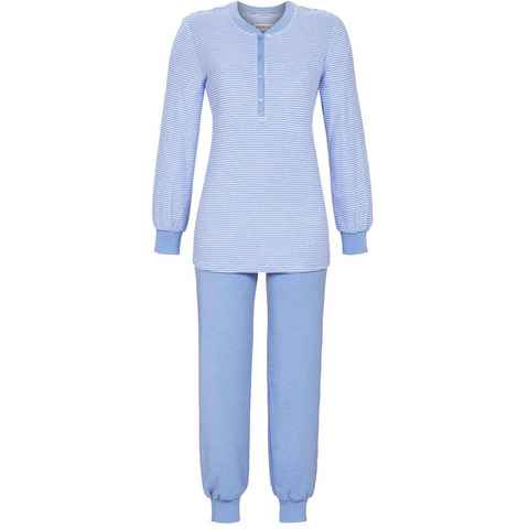 Ringella Pyjama Damen Stretch Frottee Schlafanzug, 1518223 - Hellblau, Loungewear Streifen Bündchen Knopfleiste