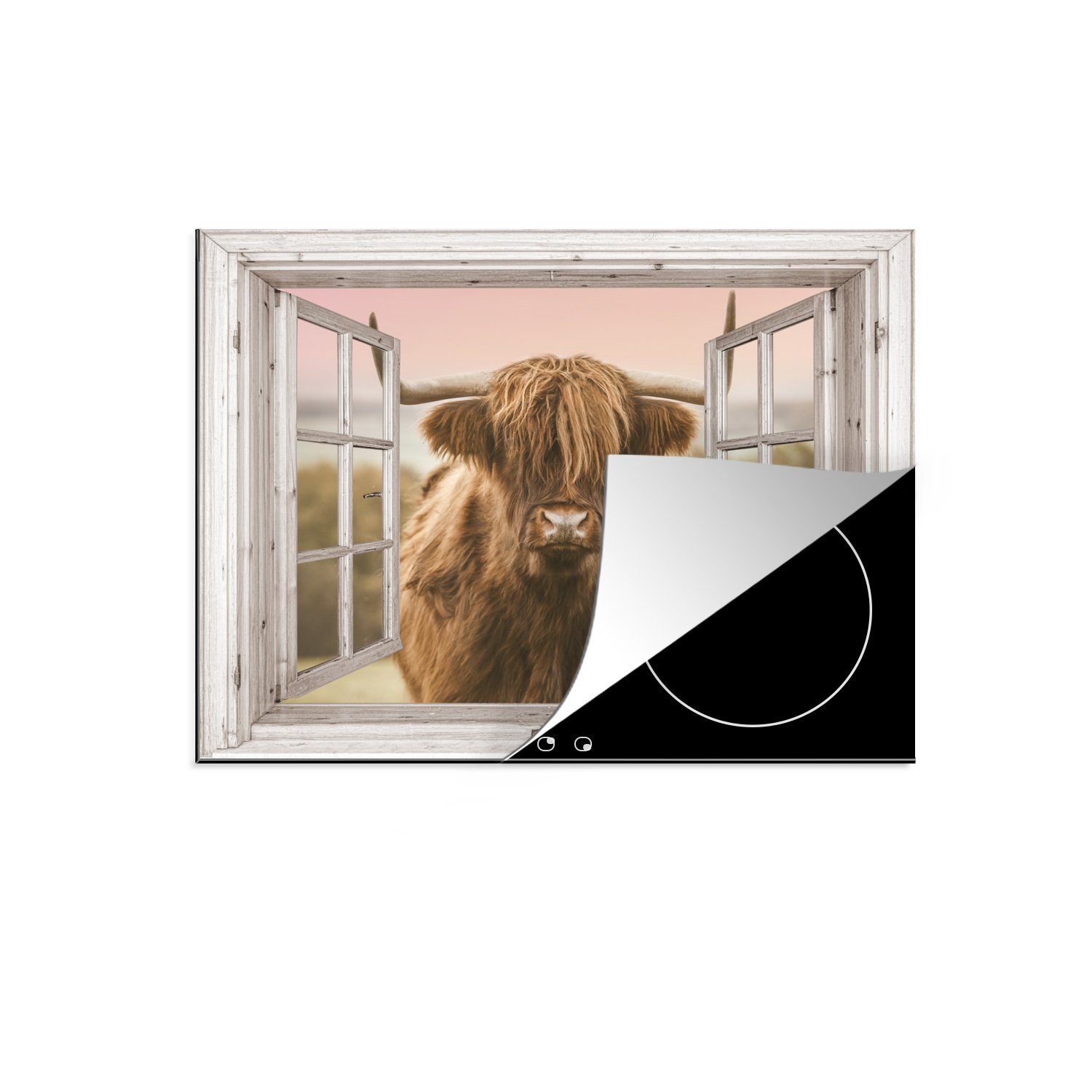 Schutz 71x52 - Highlander Ceranfeldabdeckung (1 - für die Induktionskochfeld Kuh, Herdblende-/Abdeckplatte Scottish MuchoWow tlg), Vinyl, küche, Ansicht cm,