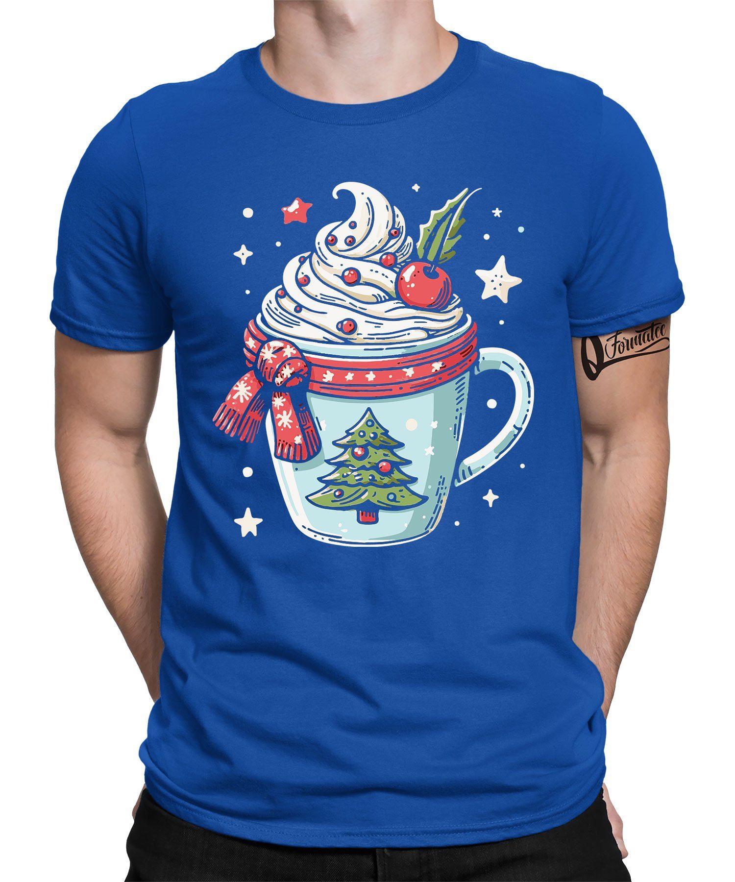 Weihnachtsgeschenk X-mas (1-tlg) Kurzarmshirt Blau - T-Shirt Formatee Weihnachten Herren Heiße Quattro Schokolade