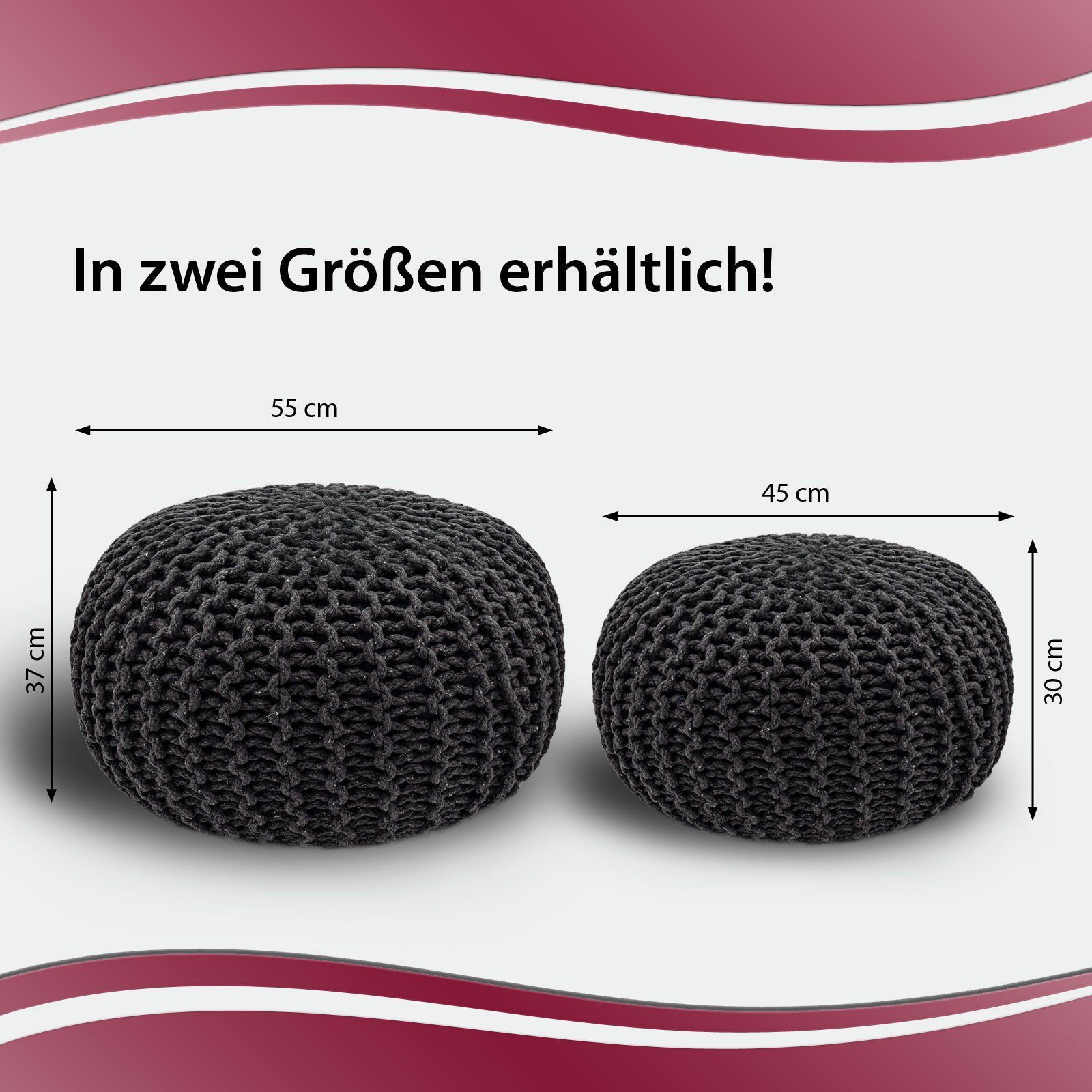 Sitzpouf 45 cm Strickhocker Bodenkissen o. Pouf Ø 55 Pouf nachhaltig Casamia steingrau