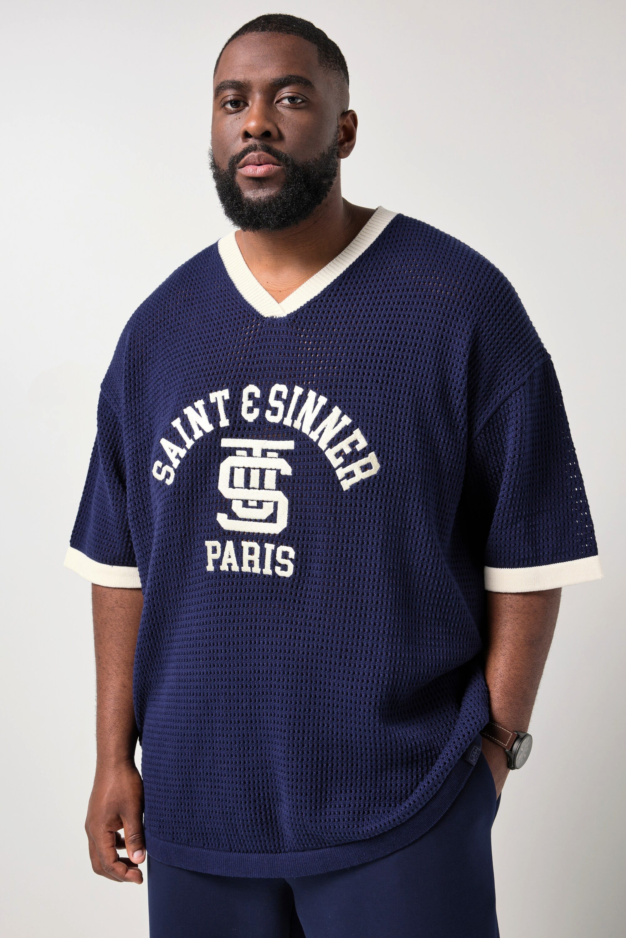 STHUGE T-Shirt T-Shirt Halbarm Strick-Mesh V-Ausschnitt bis 8 XL