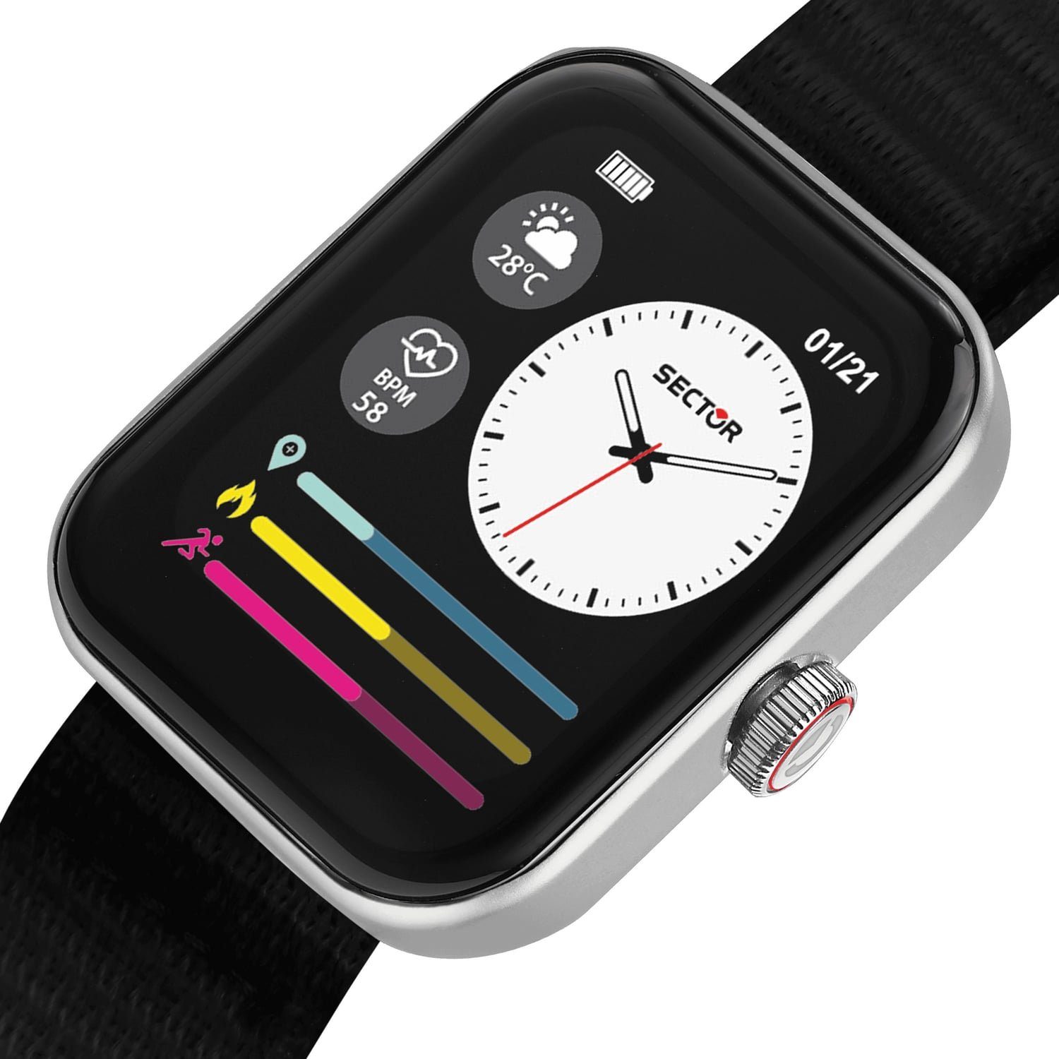 Sector Sector Herren Armbanduhr Smartwatch (kompatibel ab Android 5.1+ und IOS 8.0), Analog-Digitaluhr, Herren Smartwatch eckig, groß (45x38mm), Nylonarmband schwarz, Sport