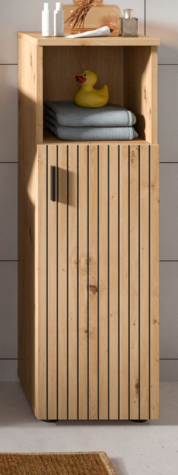 Inn.Furn Badkommode Livia (Badschrank in Eiche Artisan mit Leistenoptik, 30 x 95 cm), Türanschlag wechselbar