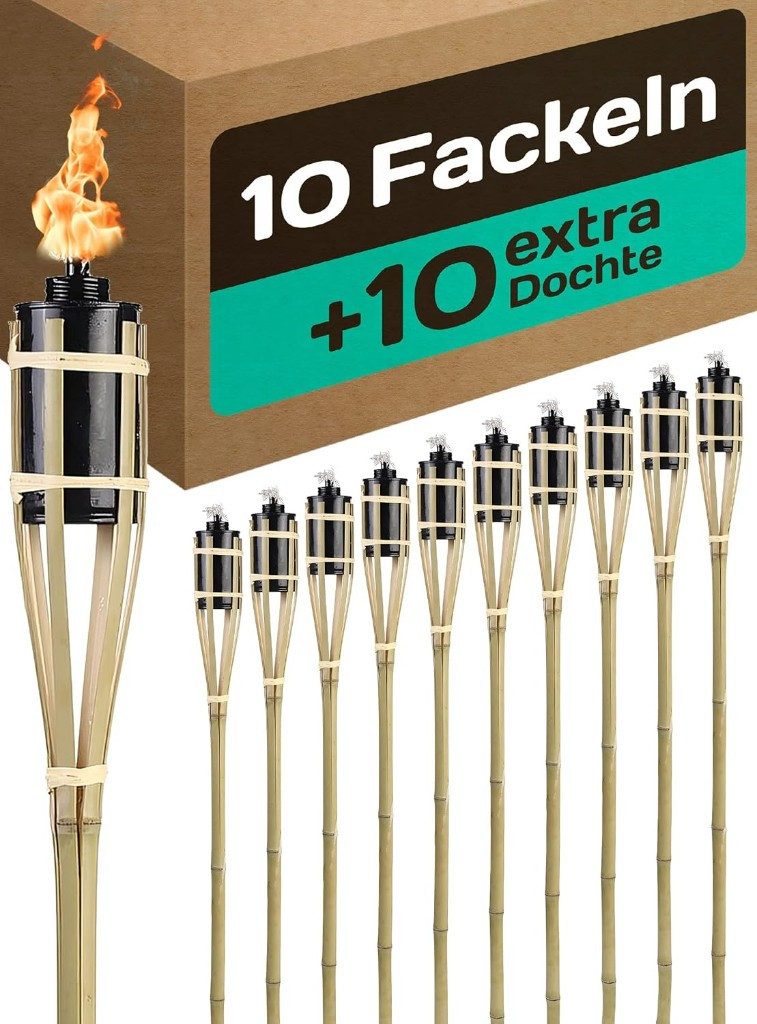 Praknu Gartenfackel 10 Garten Fackeln für Draußen aus Bambus Holz 90cm - Lange Brenndauer, Lange Brenndauer, wetterfest, wiederbefüllbar, mehrfach nutzbar, dekorative Beleuchtung für Garten & Events, Feuer, Lange Brenndauer - Mit Öl Nachfüllbar - 10 extra Dochte - Party Deko