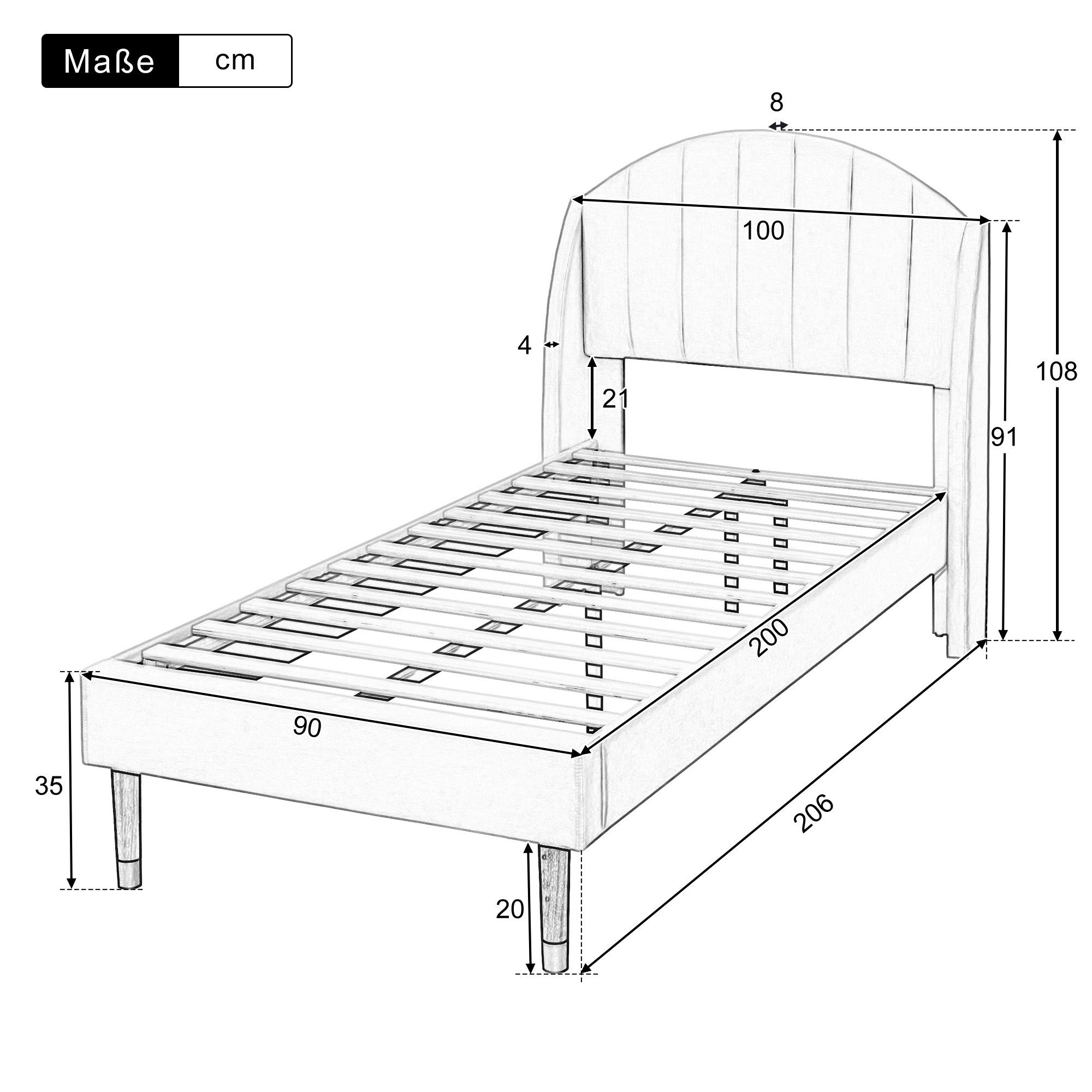 Holzlattenunterstützung, Polsterbett 90 cm Einzelbett Beige x Jugendbett 200 Lattenrost Kopfteil, cm Massivholzbett Ulife mit und