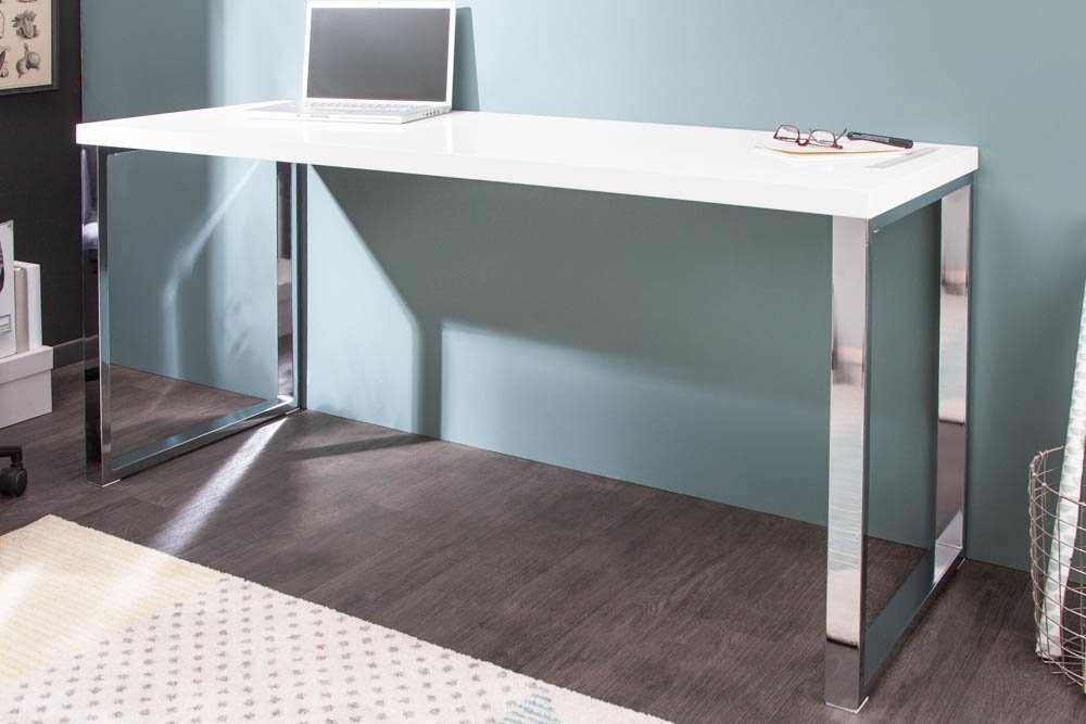 riess-ambiente Schreibtisch WHITE DESK Hochglanz · / · Home Design Metall Arbeitszimmer · 140cm · Office Modern silber, weiß