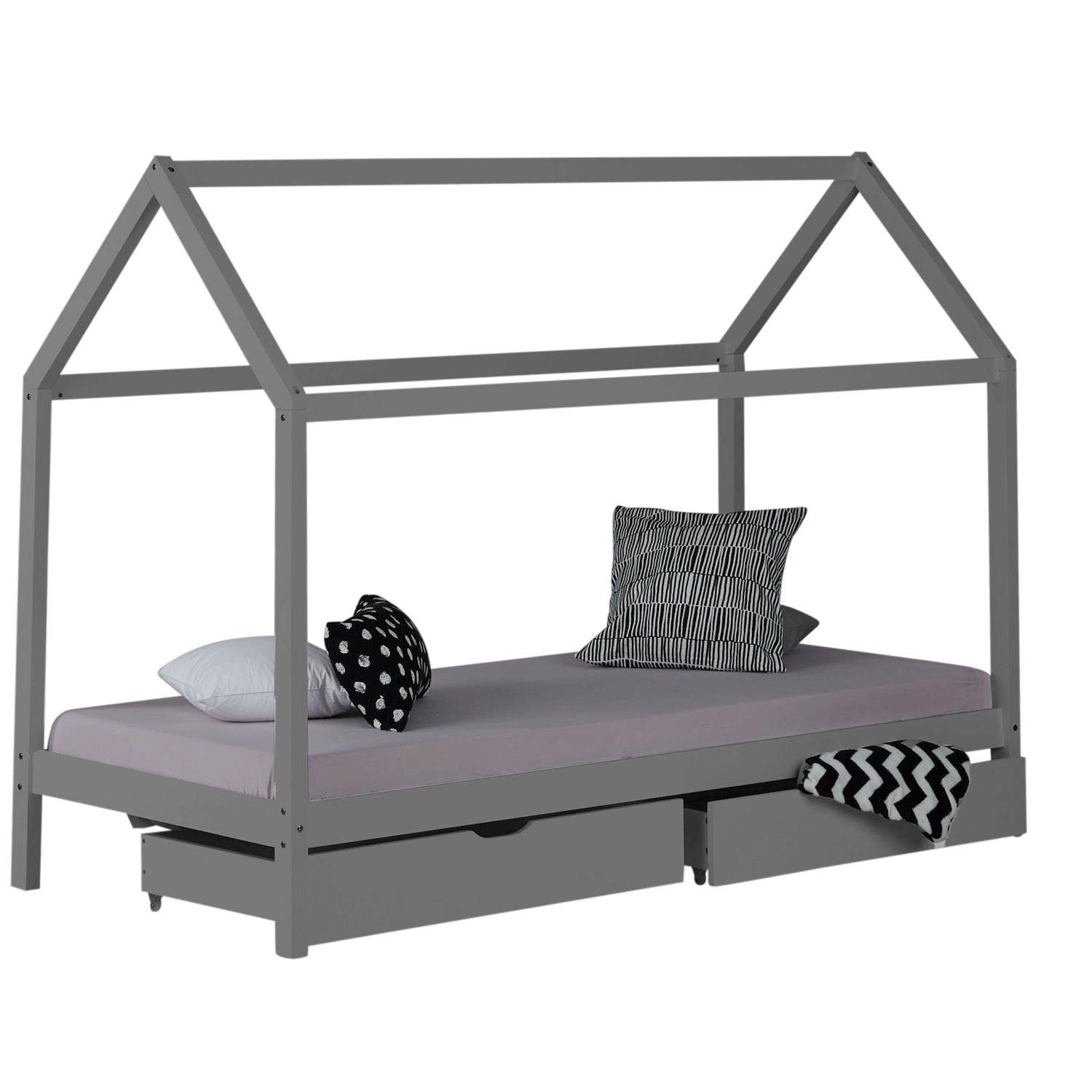 Kinderbett 90 x 200 cm Weiß oder Grau Hausbett Bodenbett