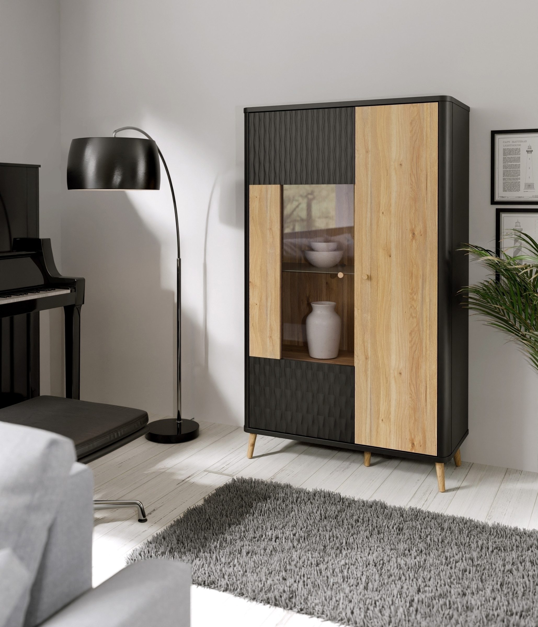 FORTE Stauraumvitrine 2 Türen, Mauvella Eiche Dekor / Schwarz - 93,3x158,2x41,5cm (BxHxT)