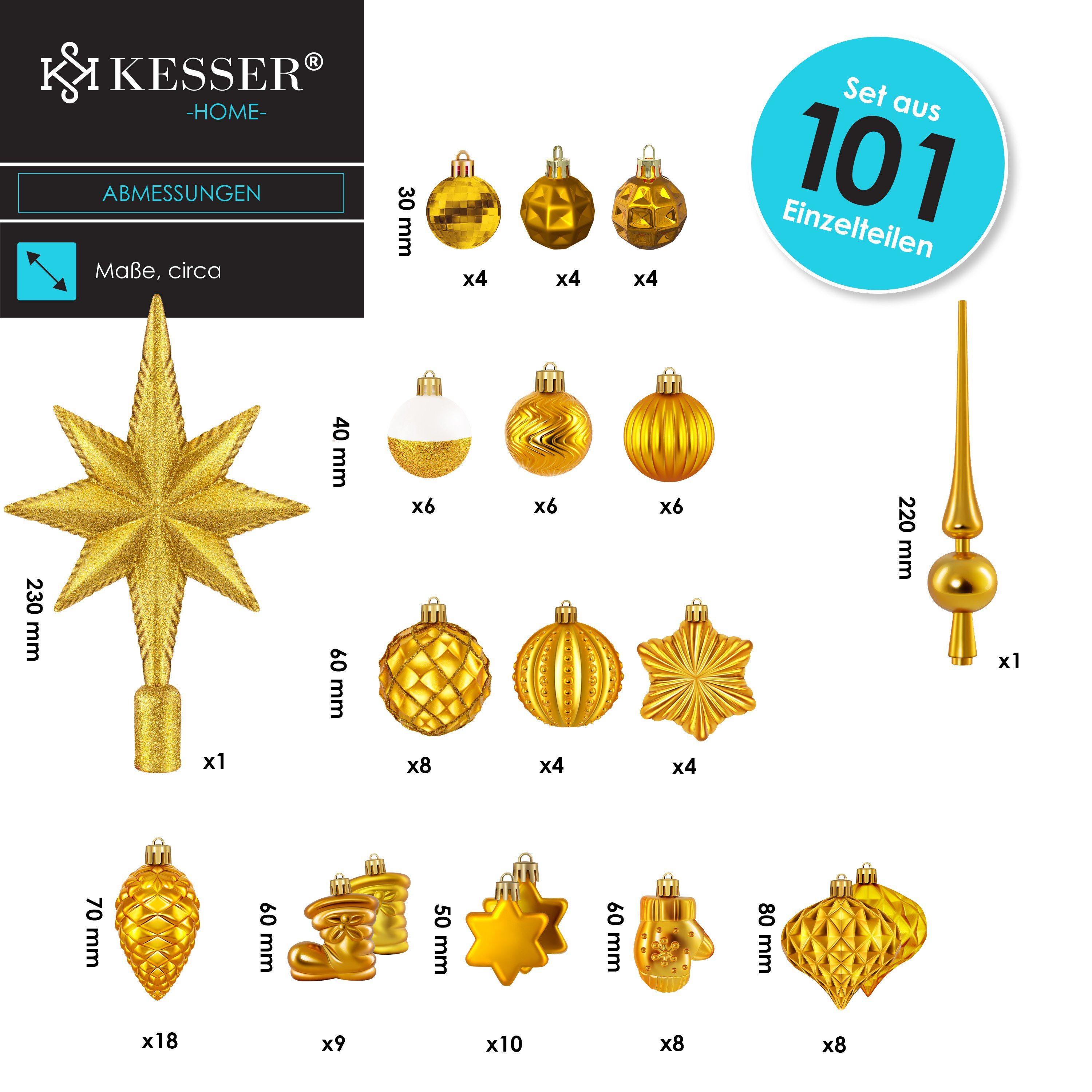 KESSER Christbaumschmuck (101-tlg), Baumspitze Christbaumk Weihnachtskugeln Set 101-teiliges gold