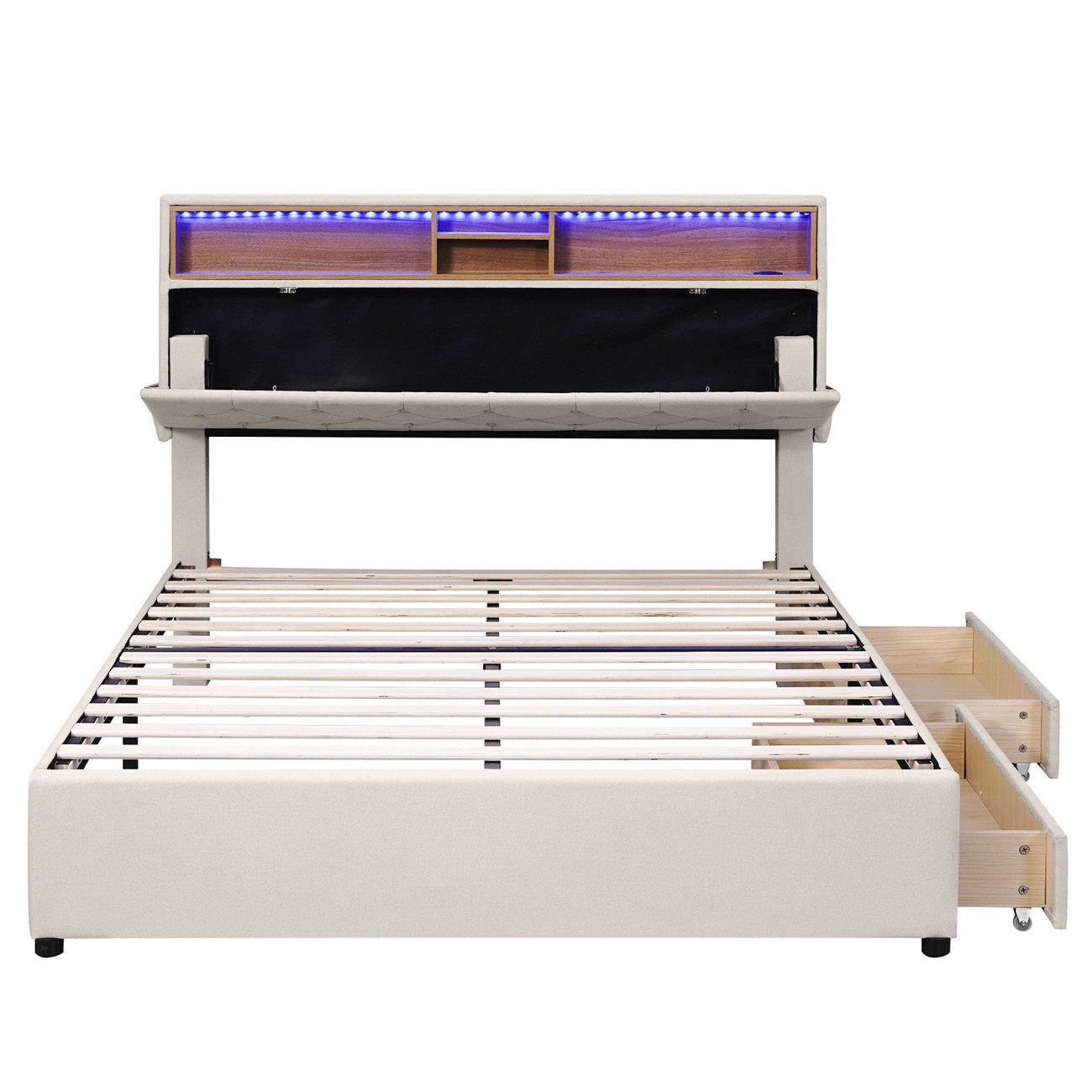 Polsterbett Doppelbett,Polsterbett,Bett mit USB-Aufladung und LED-Beleuchtung