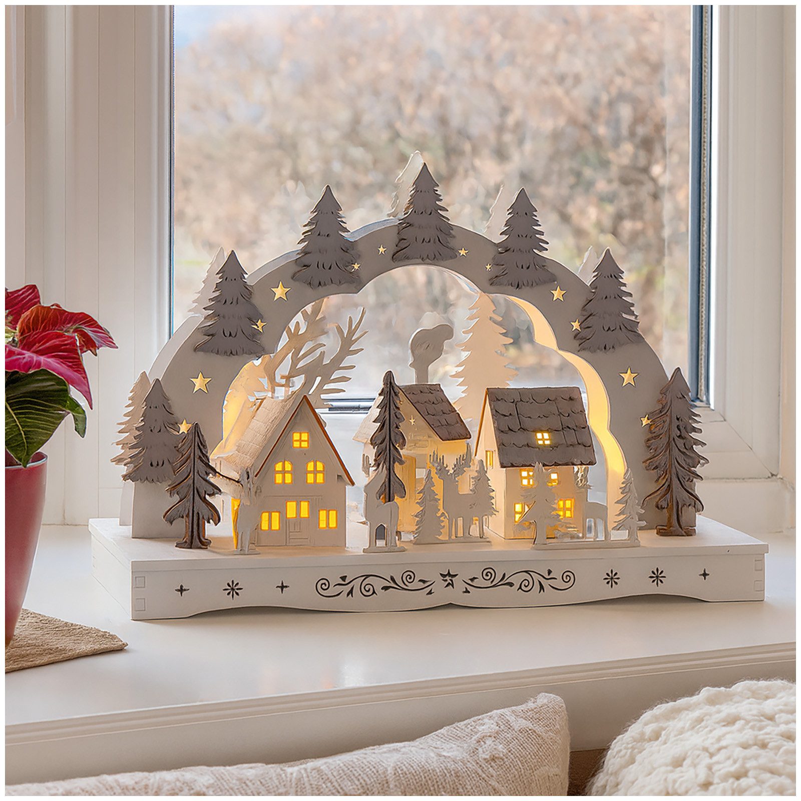 HTI-Living Schwibbogen Leuchtbogen Dorf mit Tannen (1-tlg), Schwibbogen Batteriebetrieb