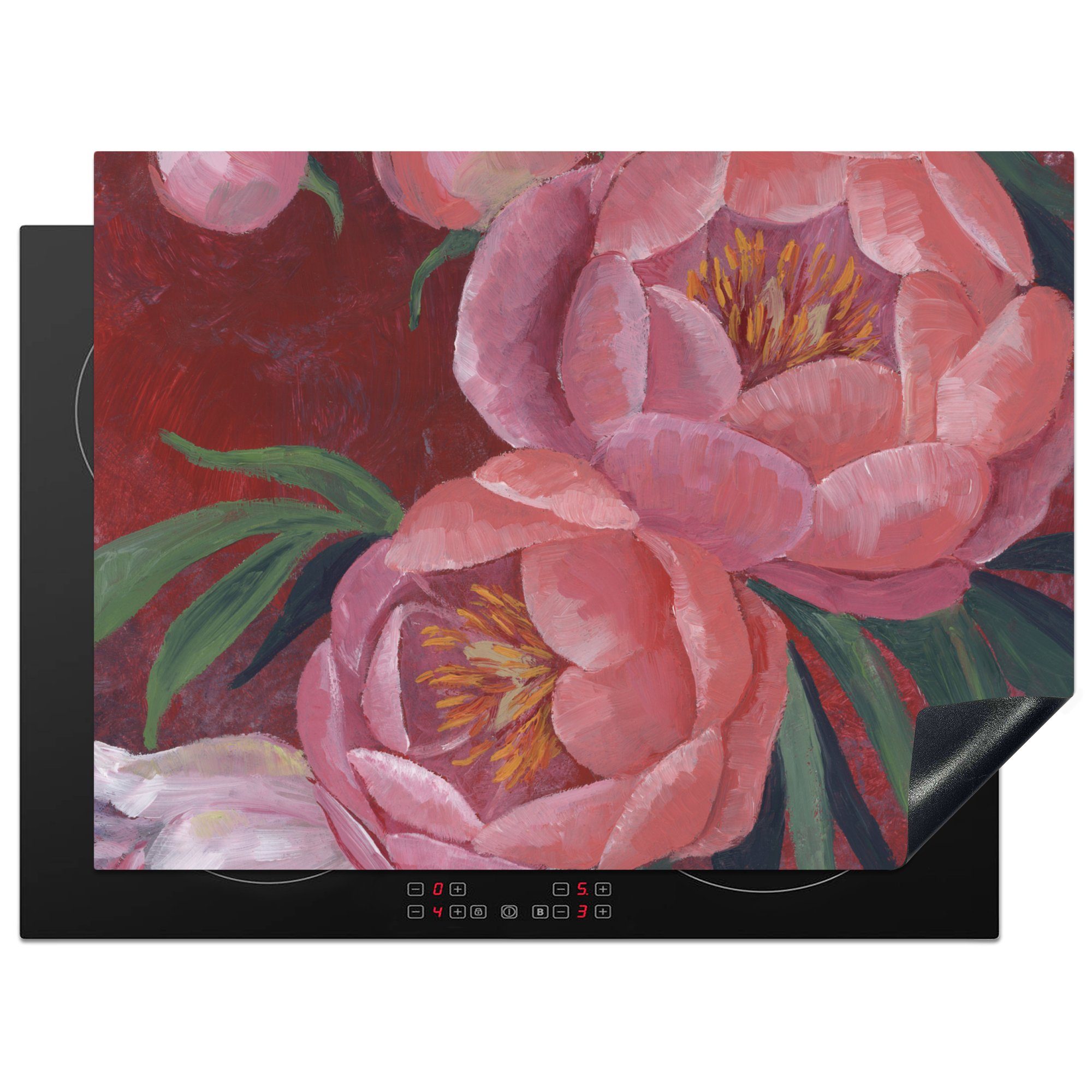 Malerei Rosa Blumen 70x52 - Arbeitsfläche nutzbar, - cm, tlg), (1 MuchoWow Vinyl, Ceranfeldabdeckung Herdblende-/Abdeckplatte Mobile Pflanzen, -