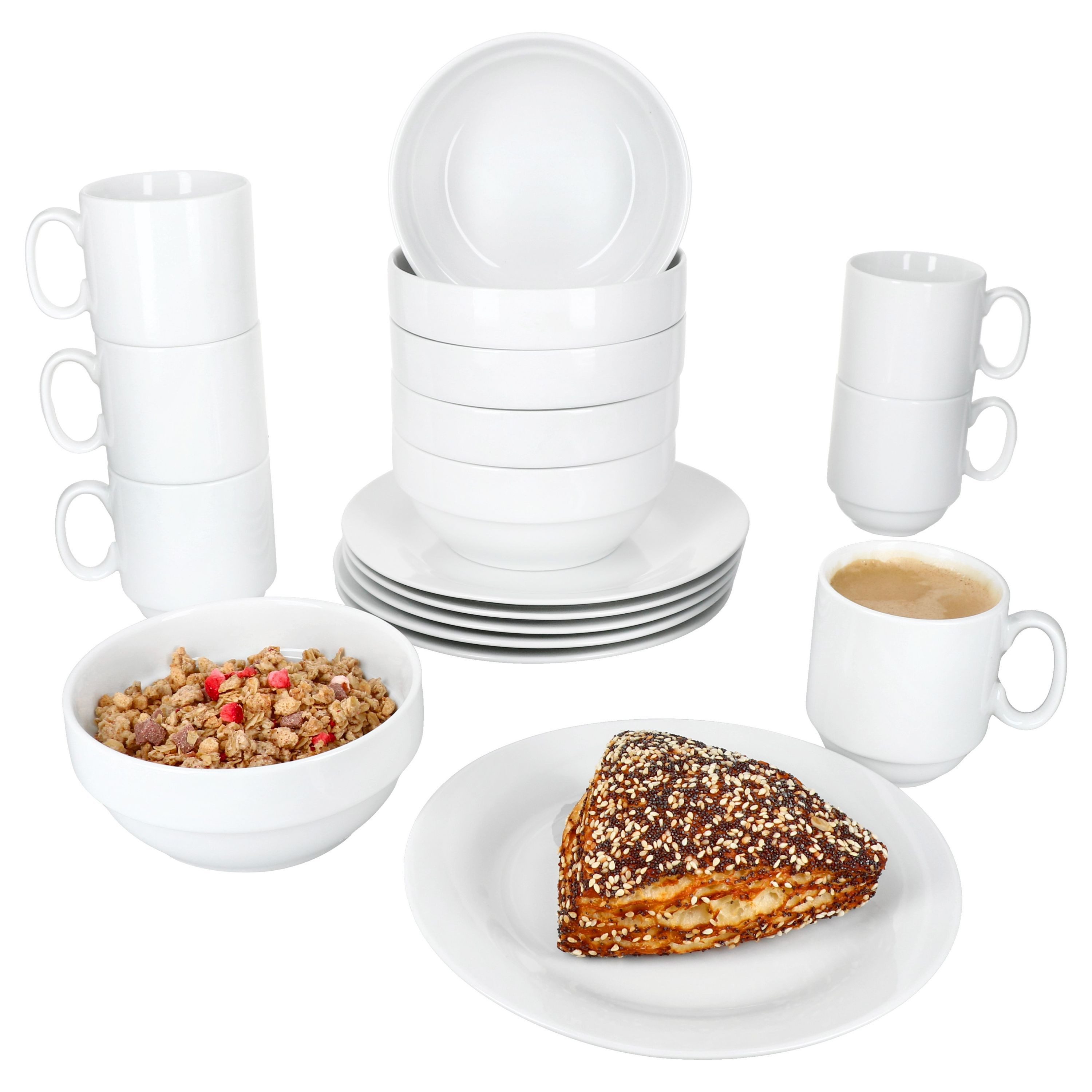 Frühstücks-Geschirrset 18tlg Frühstücksset Tommy weiß Porzellan 6 Pers. Teller Schalen Becher