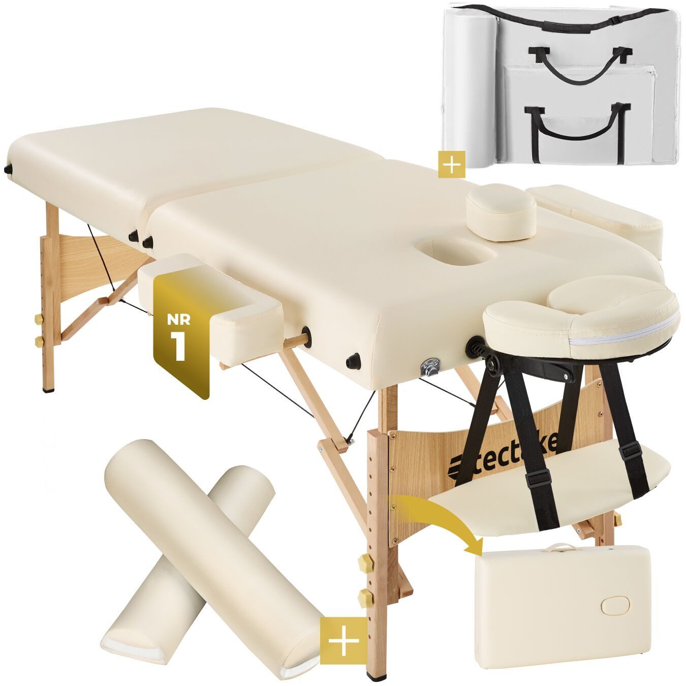 tectake Massageliege Massagetisch klappbar mit 7,5 cm Polsterung, Holzgestell, Zubehör (Klappbare Liege Suman, 1-St., in Beige), Höhenverstellung und abnehmbare ergonomische Kopf- und Armablagen