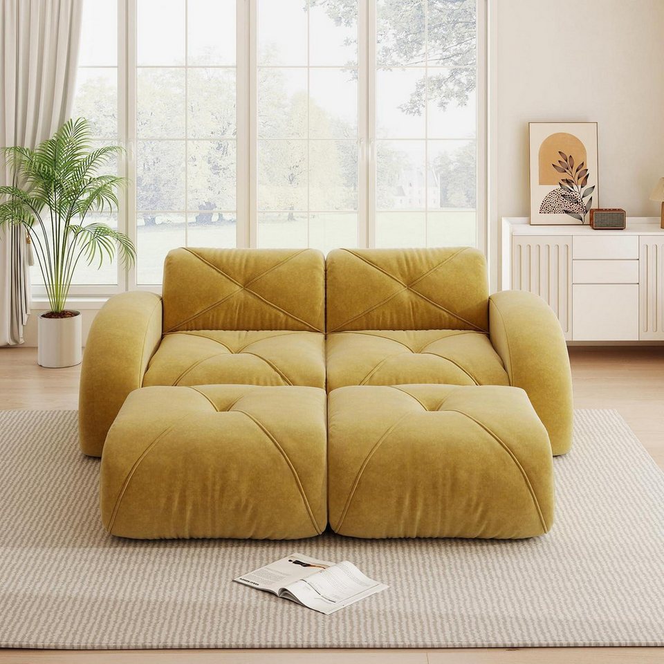 LuxusKollektion Schlafsofa 2 Sitzer Sofa Fußhocker Chenille 32D Gelb 2-Sitzer+2 Fußhocker