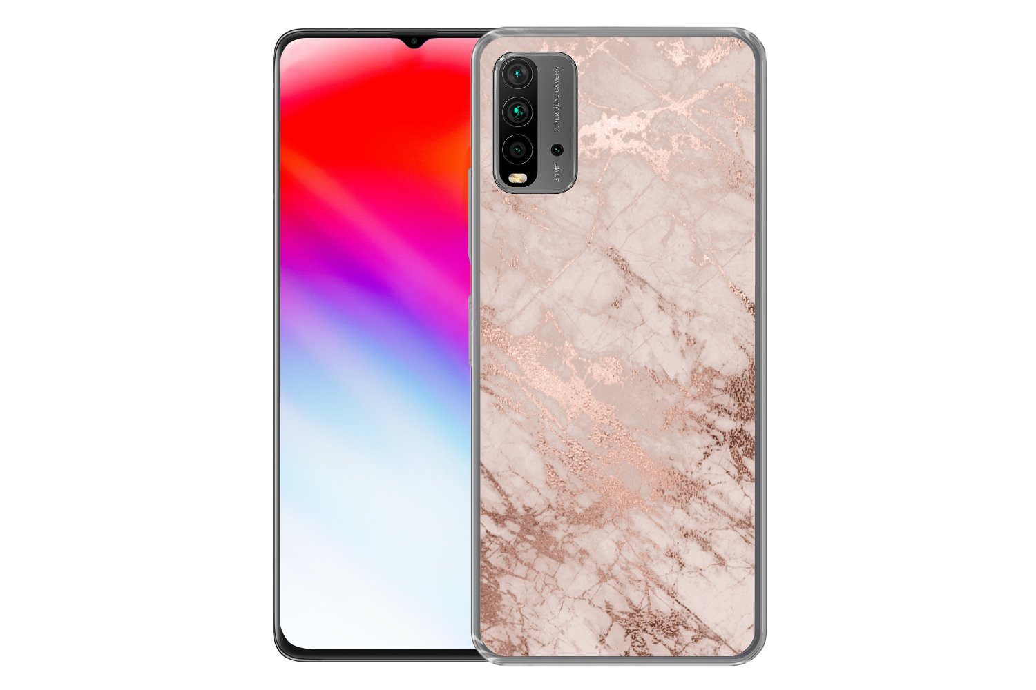 MuchoWow Handyhülle für Xiaomi Redmi 9T Marmor - Rosa - Luxus - Marmoroptik - Glitzer - De, Phone Case, Silikon, Schutzhülle Dünn