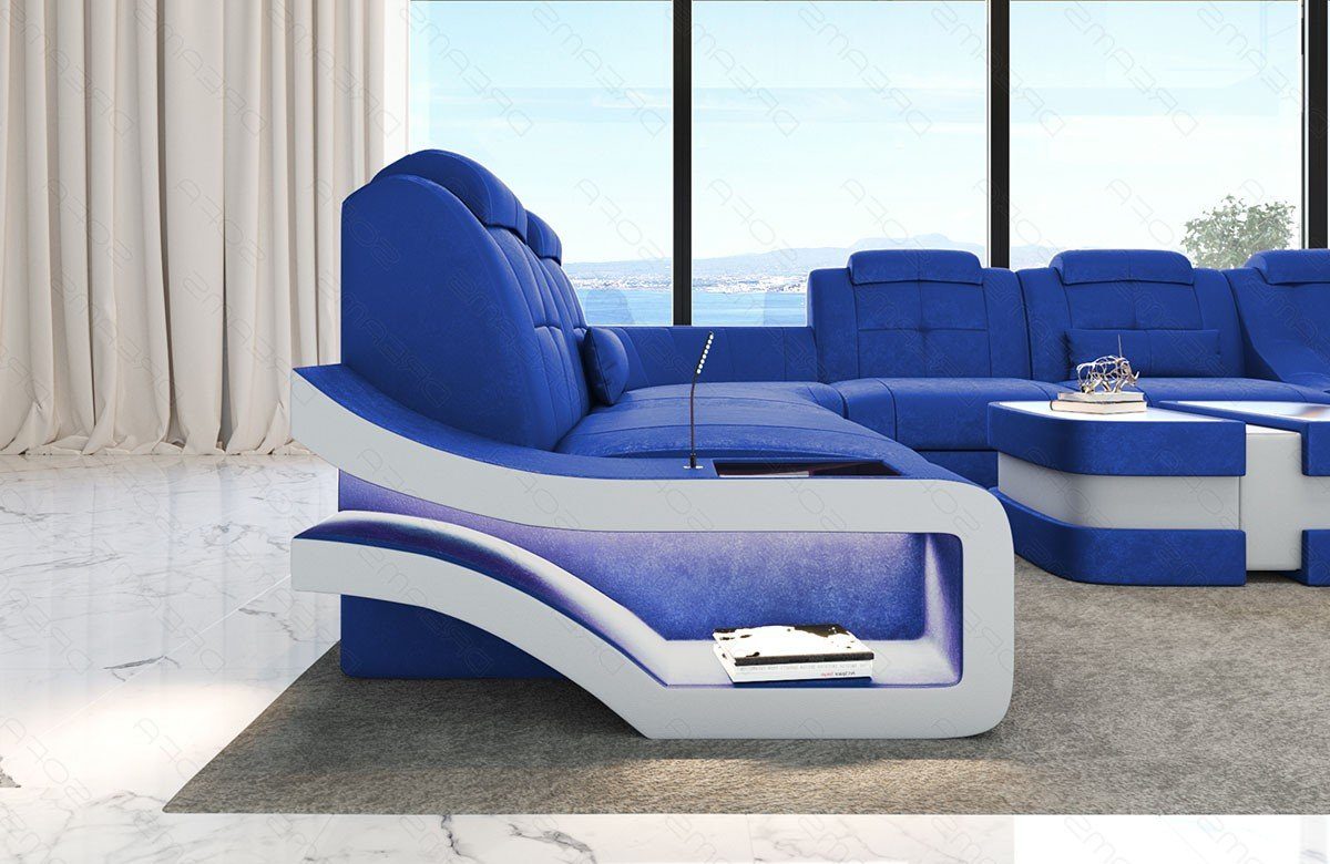Wohnlandschaft Dreams Bettfunktion Sofa wahlweise XXL Polstersofa Elegante S Form blau-weiß Stoff Sofa Stoffsofa, mit -