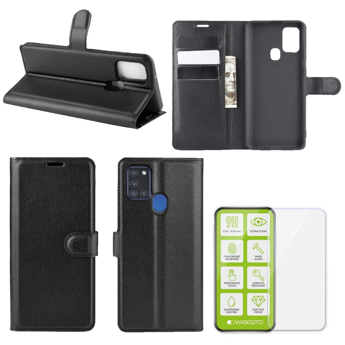 Handyhülle Für Samsung Galaxy A21s A217F Tasche Wallet Premium Schwarz Schutz Hülle Case Cover Etui + 0,26mm H9 2.5 Hart Glas