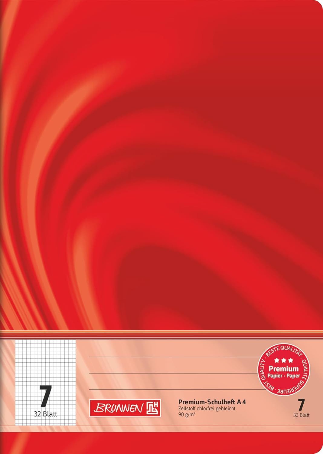 BRUNNEN Schulheft BRUNNEN Premium Schulheft A4 - Rot, 32 Blatt kariert, Qualitätspapie