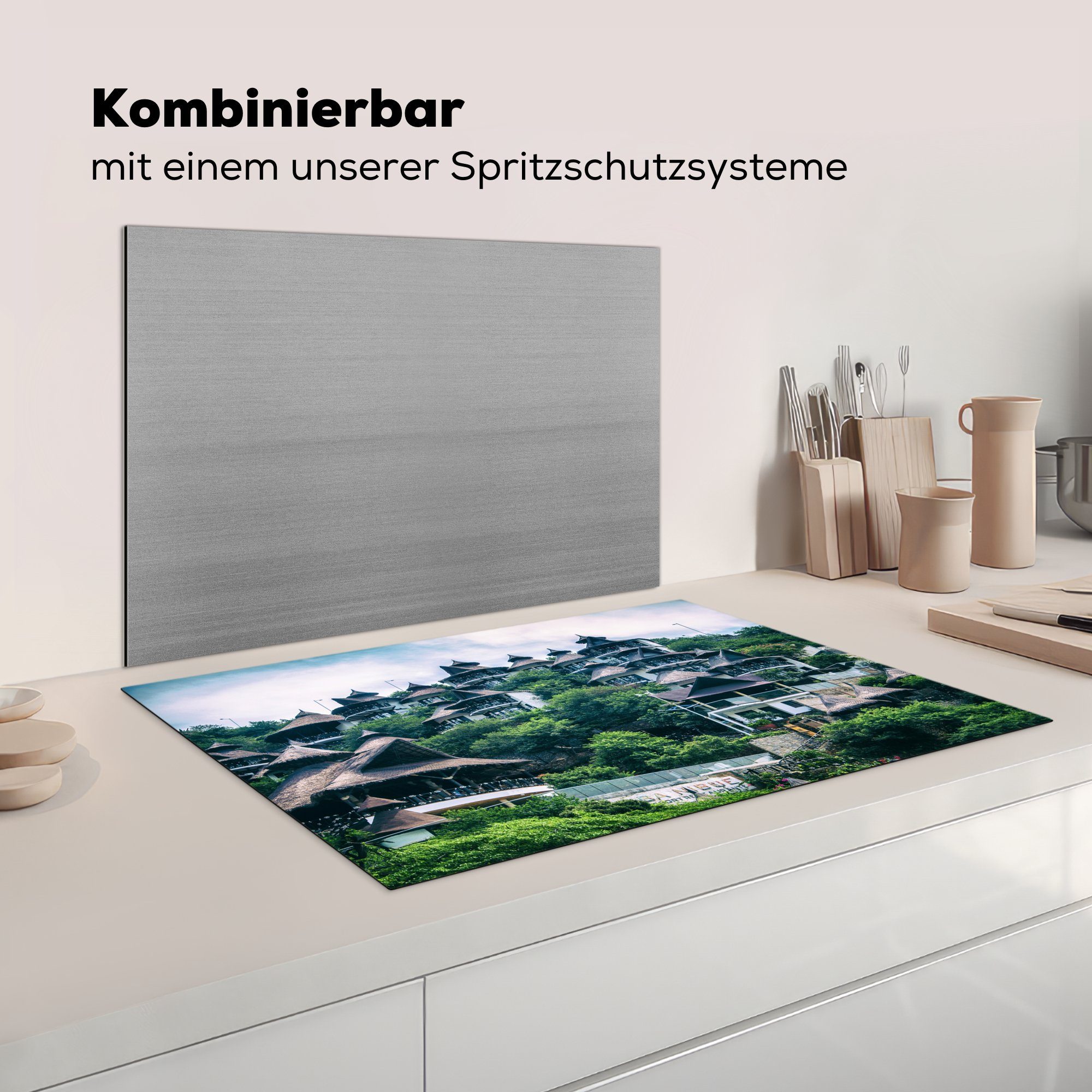 für (1 in Marta, küche, 81x52 Induktionskochfeld die Ceranfeldabdeckung Santa Häuser auf cm, Vinyl, MuchoWow beeindruckenden die tlg), Herdblende-/Abdeckplatte Panoramablick Schutz