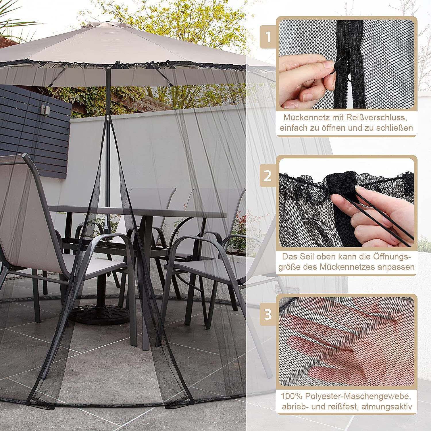 Sekey Moskitonetz Verstellbares Insektenschutz für 250-300 cm Sonnenschirme Pavillon, Fliegengitter Mückennetz für Sonnenschirm, 2,5 m Höhe, mit Türen
