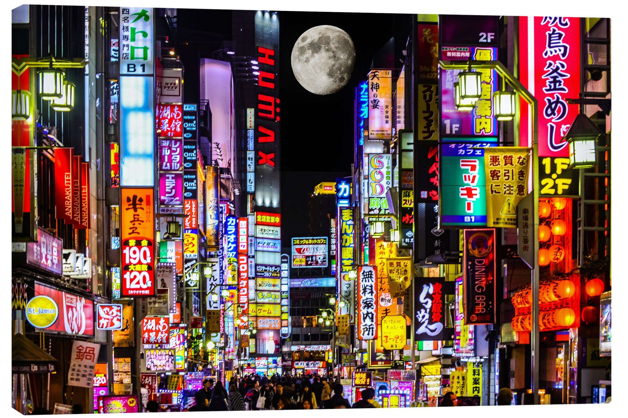 Wandbild Neonwerbung auf der Kabukicho Straße und Vollmond, Tokio