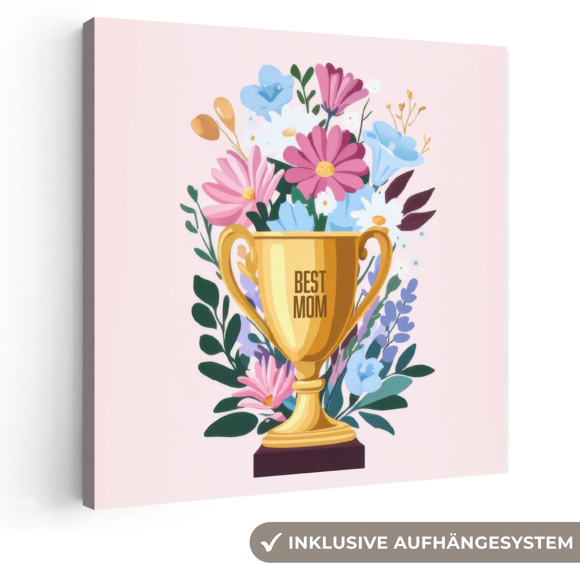 OneMillionCanvasses® Leinwandbild Trophäe - Beste Mutter - Blumen - Bunt, Fotodruck (1 St), Wandbild, Deko Schlafzimmer Wohnzimmer Flur 20x20 cm