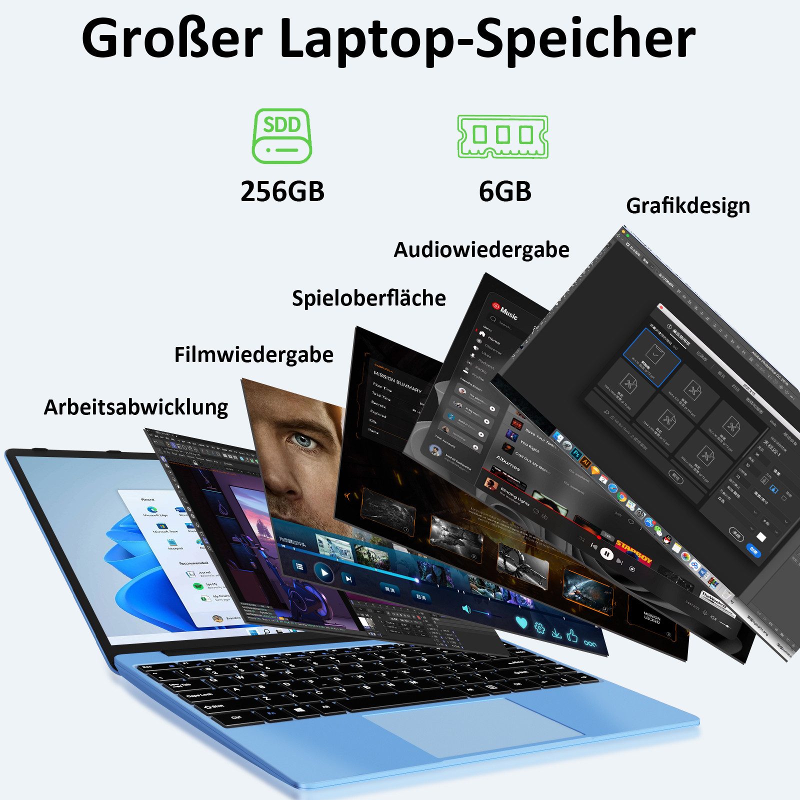 bvate Laptop, 14 Zoll, N4020, 6GB RAM, 256GB SSD Notebook Notebook (35 cm/14 Zoll, Celeron N4020 N4020 Celeron N4020, Celeron N4020, 6 GB, 256 GB SSD, 180° Drehung/Low Blue Light-Zertifizierung/Deutsche Tastaturaufkleber) blau