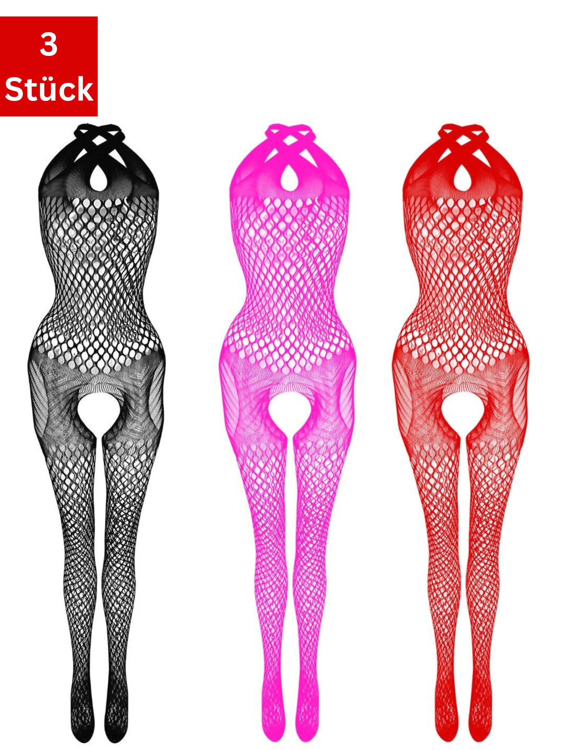 Elegant Love Bodystocking-Ouvert Fischnetz-Strumpfbody – Neckholder-Catsuit mit offenem Schritt (Packung 3 St) Elegantes Dessous S–XL – sinnliche Reizwäsche für besondere Momente