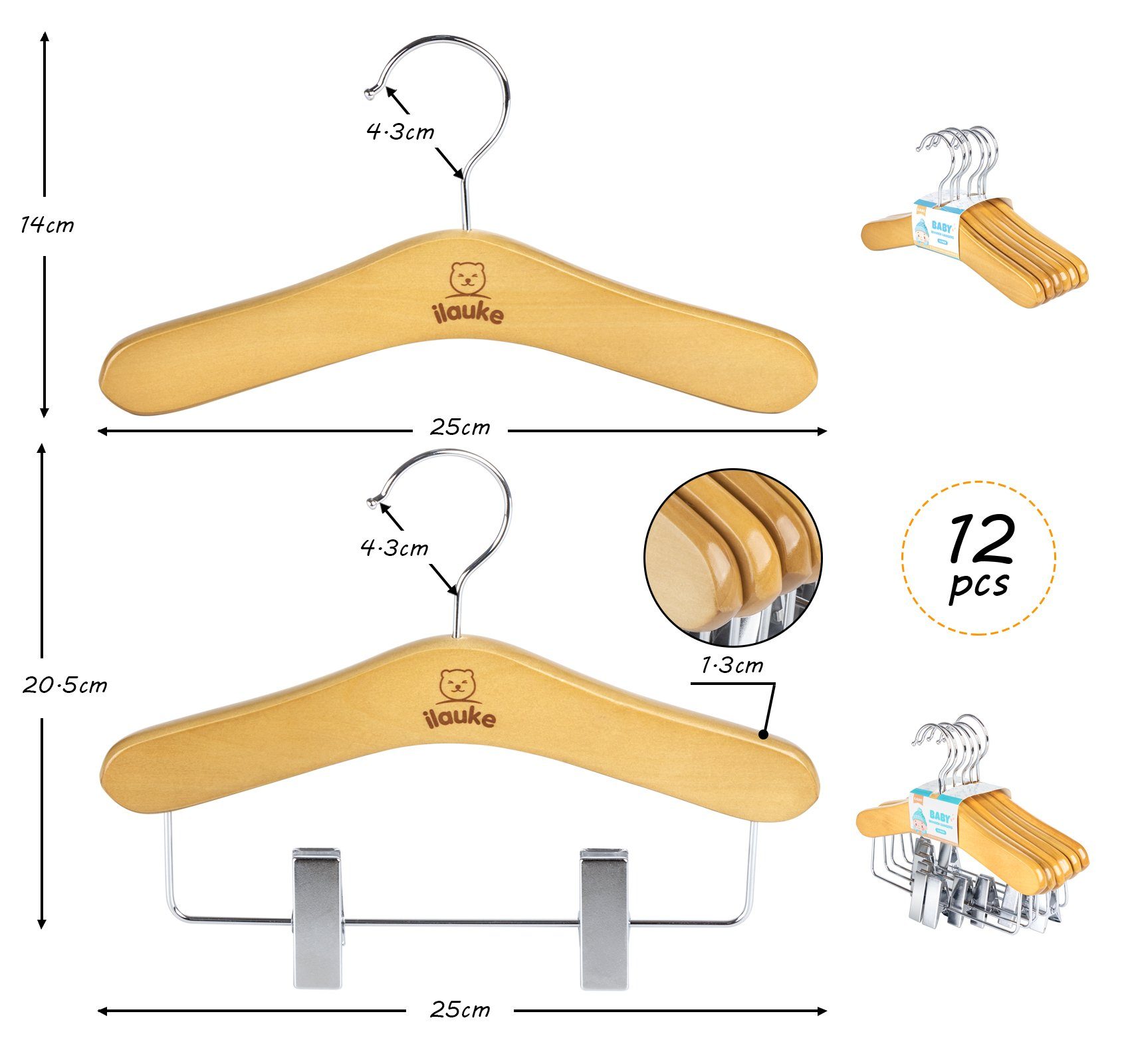 Naturholzfarbe 360° Holz Hosenbügel & Mit Clips, Baby Homewit Einschnitt drehbarer mit (Set), und Kinderkleidung 12tlg für Kinderkleiderbügel und Baby Hosensteg Kleiderbügel Haken