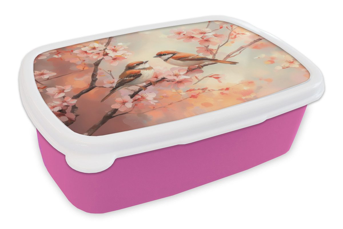 MuchoWow Lunchbox Vögel - Romantisch - Blühende Zweige, Kunststoff, (2-tlg), Brotdosen, Lunch Box, Brotbox für Kinder und Erwachsene