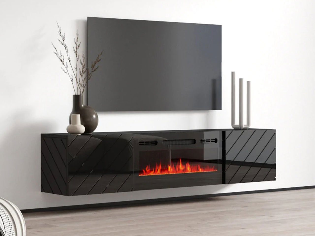 MIRJAN24 TV-Schrank Luxe (mit zwei Drehtüren, Elektrische Kamin) Realistische LED-Flamme, Gehärtetes Glas, 183x35x38 cm