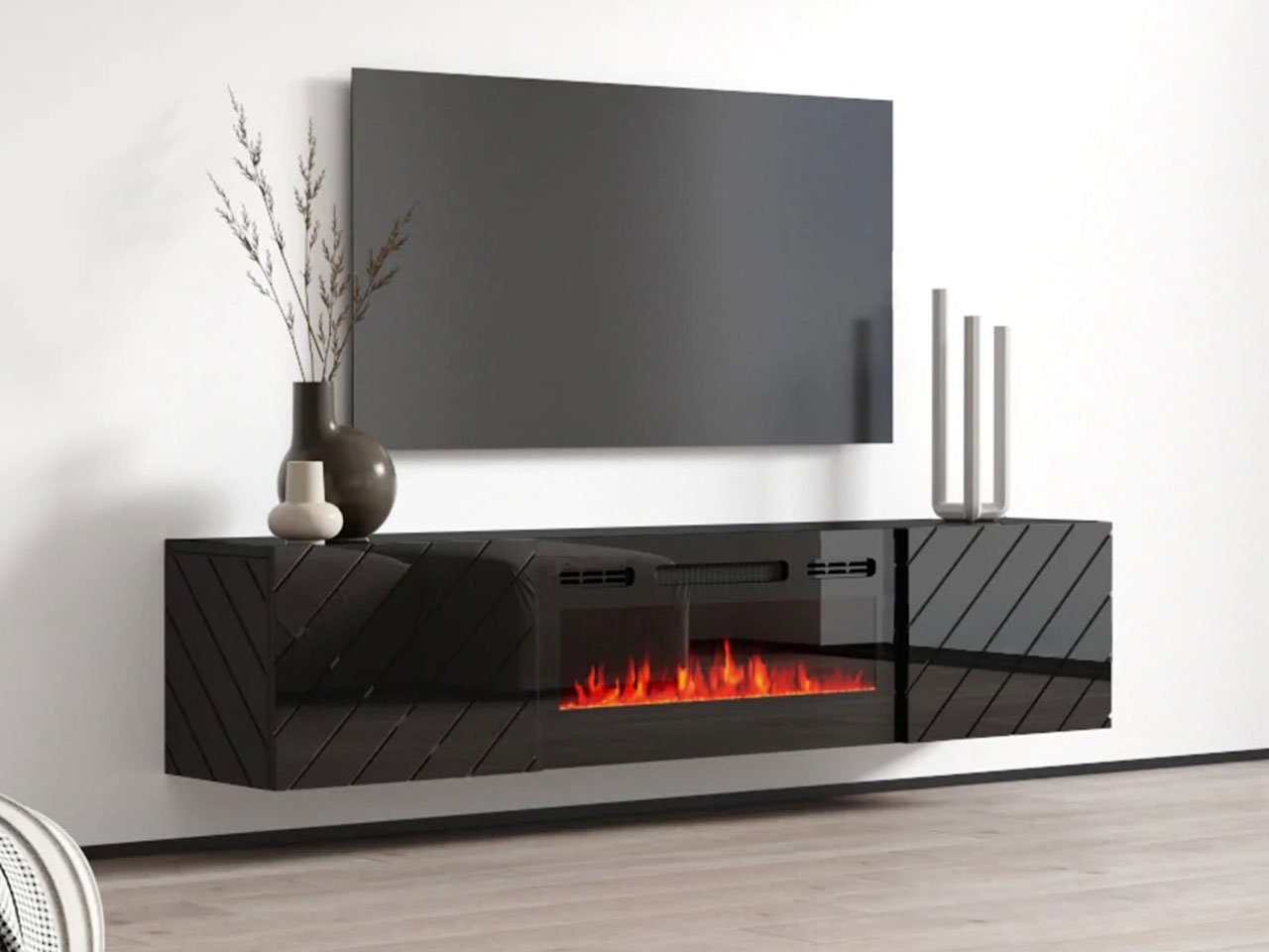 Mirjan24 TV-Schrank Luxe (mit zwei Drehtüren, Elektrische Kamin) Realistische LED-Flamme, Gehärtetes Glas, 183x35x38 cm Schwarz / Schwarz Hochglanz