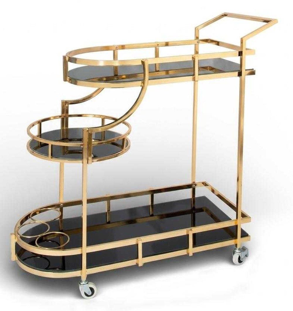 JVmoebel Servierwagen Servierwagen Gold Glas Schwarz Rollen Barwagen Design Regal modern lux, Made in Europa