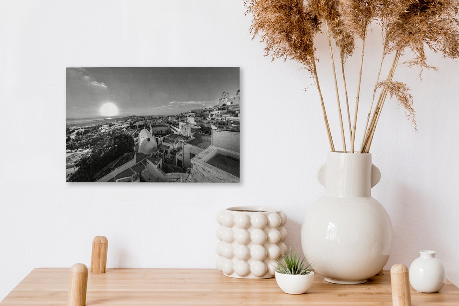 weiß, OneMillionCanvasses® und 30x20 (1 Wandbild Wanddeko, Sonnenuntergang Leinwandbild über Santorini - cm Aufhängefertig, Pyrgos Leinwandbilder, schwarz St),
