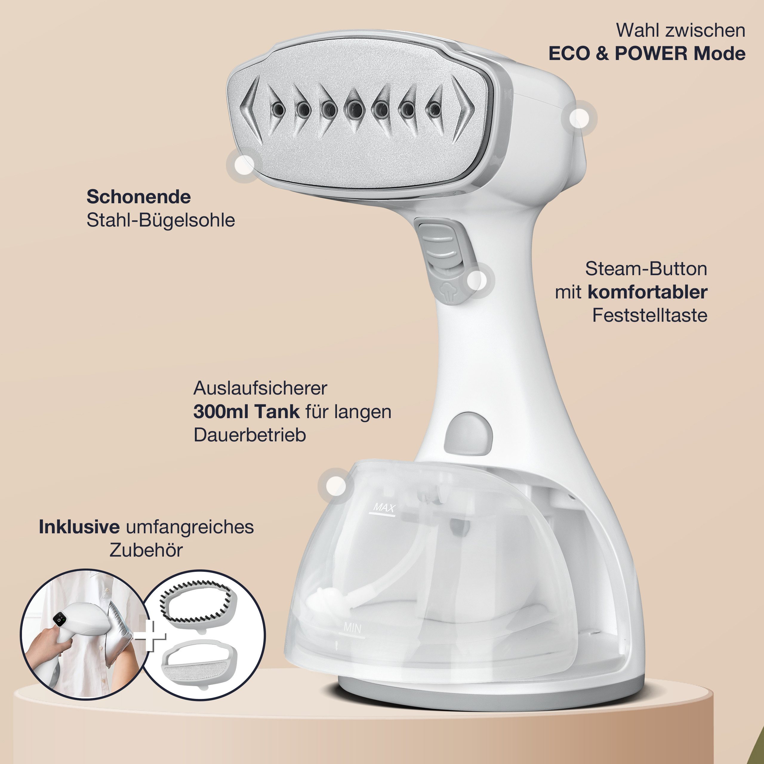 Lebenlang Dampfbügeleisen Steamer Dampfglätter für Kleidung Hand Dampfbürste, 1500,00 W, Inkl. Bügelhandschuh, <30 Sekunden Aufheizen, 300ml Tank